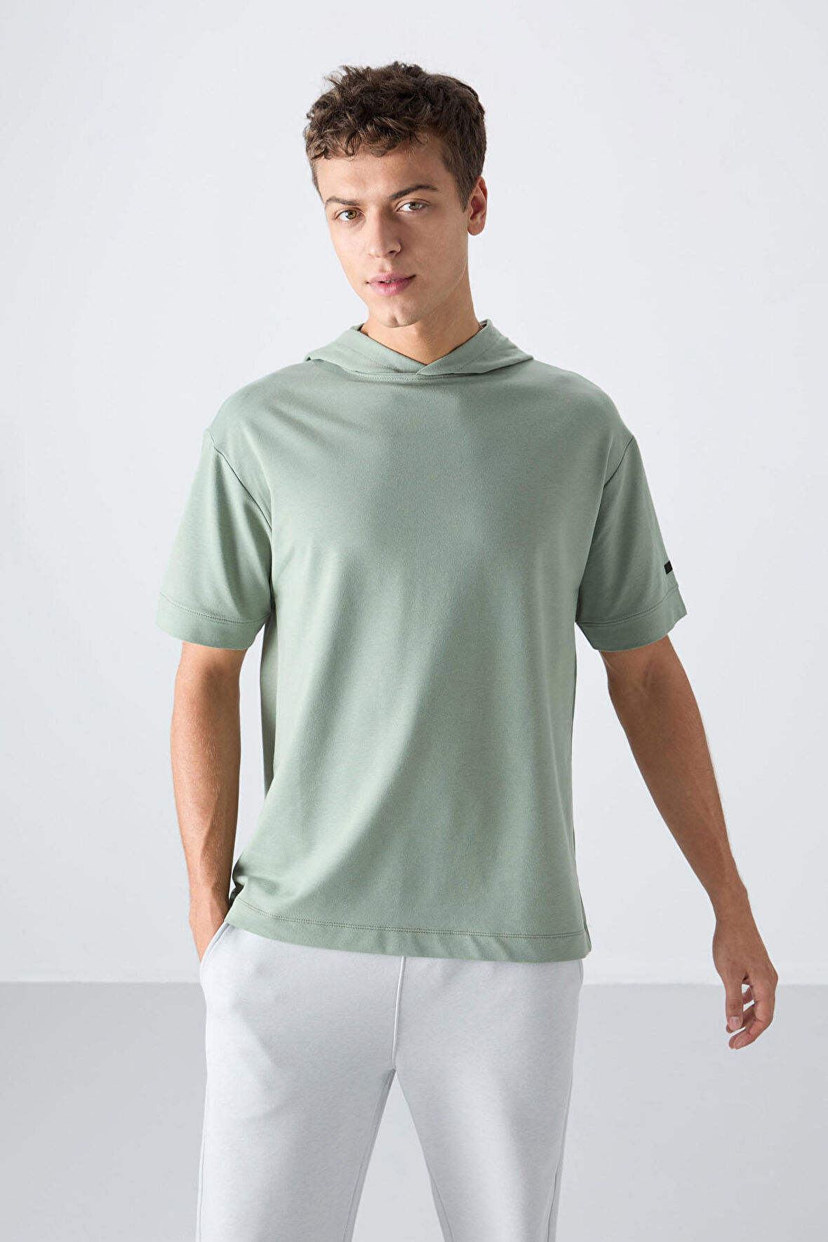 Açık Yeşil Pamuklu Kalın Yumuşak Dokulu Oversize Fit Basic Erkek T-Shirt - 88352 | M