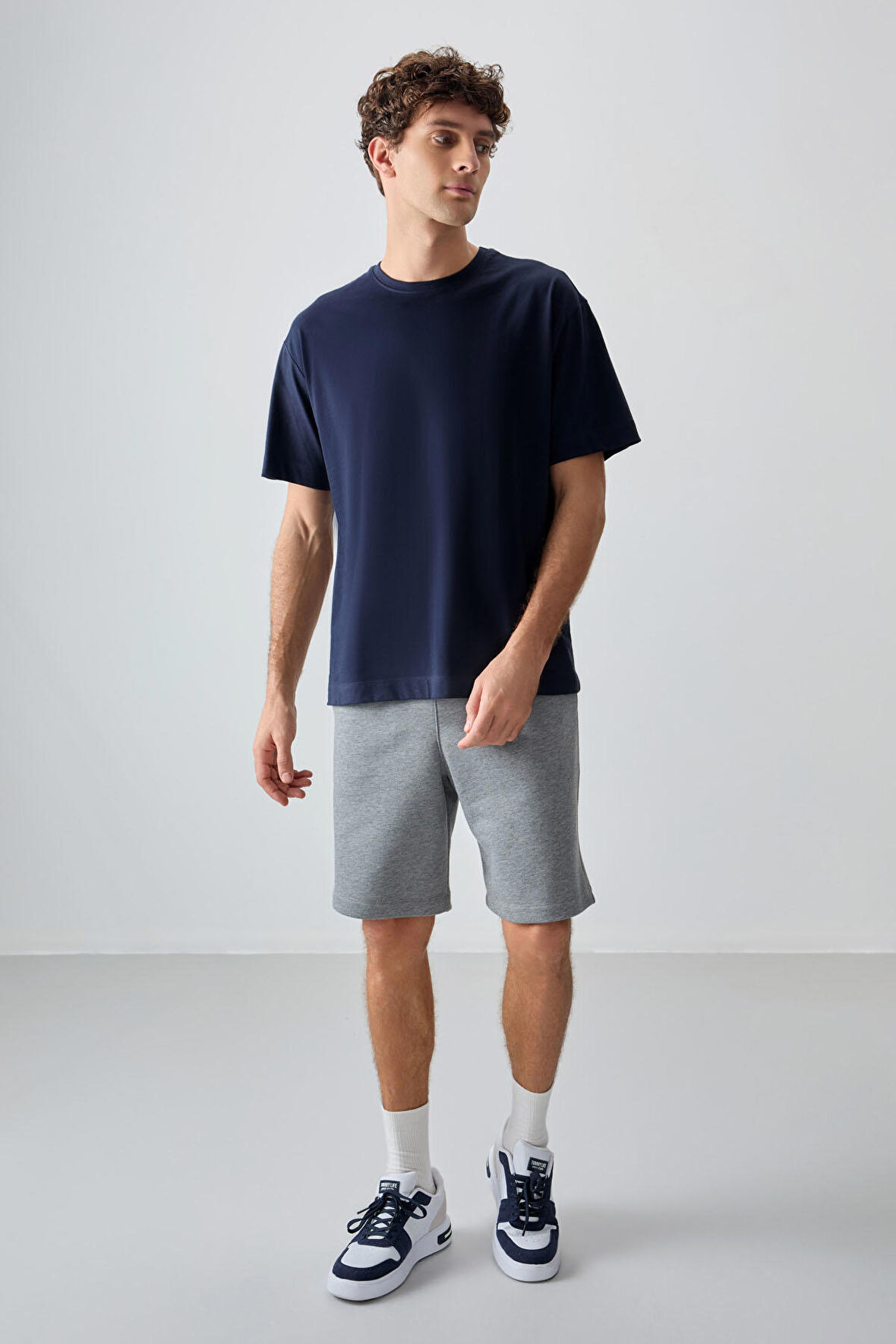 Lacivert %100 Pamuk Kalın Yumuşak Dokulu Oversize Fit Basic Erkek T- Shirt - 88353 | L