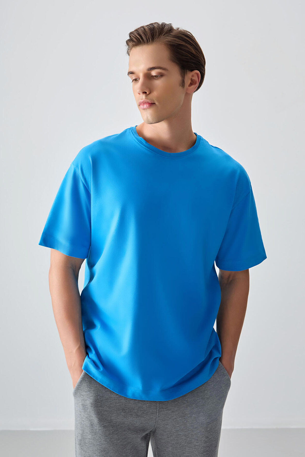 Petrol Mavi %100 Pamuk Kalın Yumuşak Dokulu Oversize Fit Basic Erkek T-Shirt - 88353