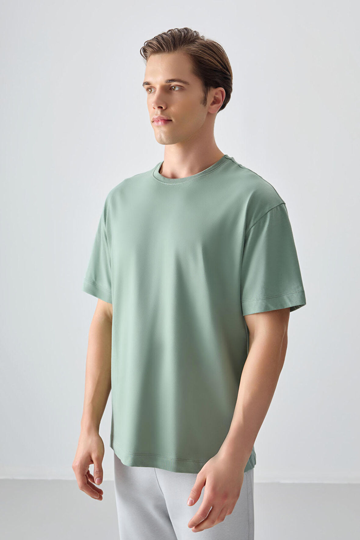 Açık Yeşil %100 Pamuk Kalın Yumuşak Dokulu Oversize Fit Basic Erkek T-Shirt - 88353 | S