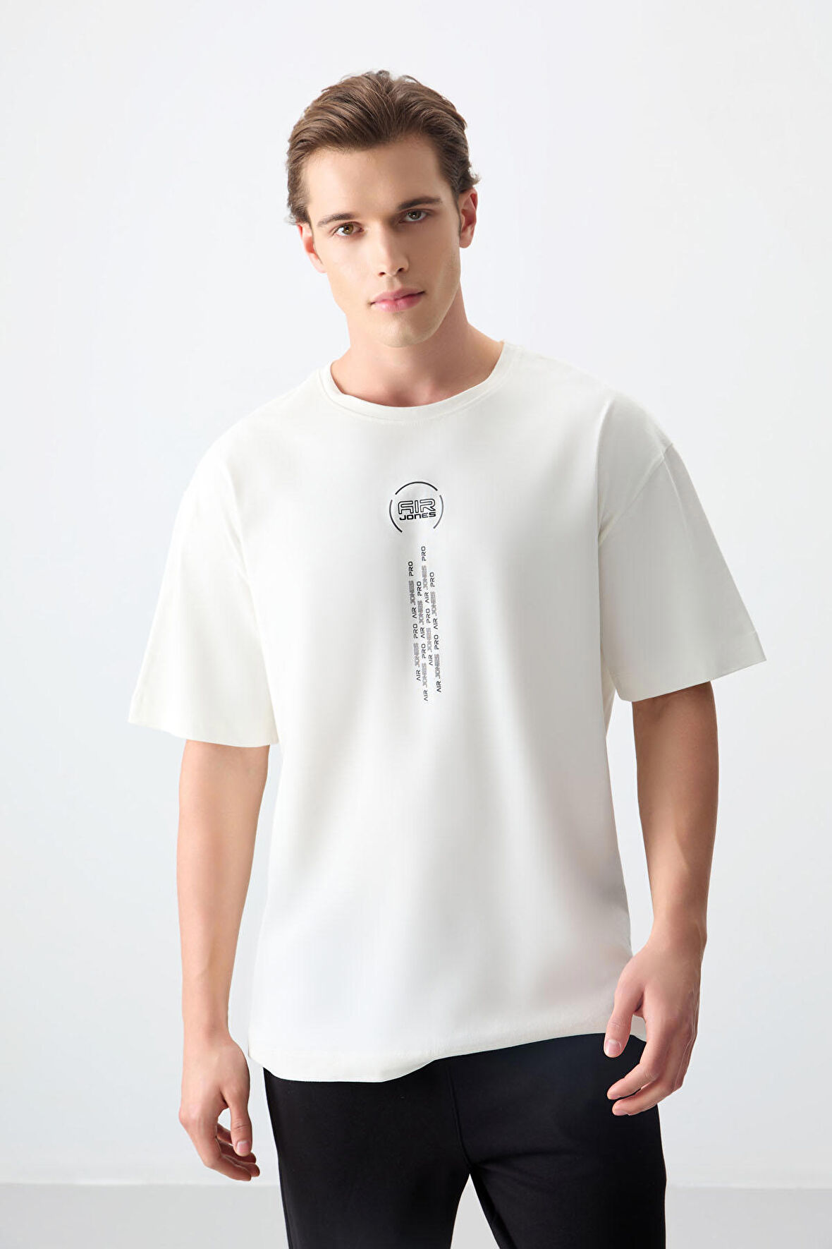 Ekru %100 Pamuk Kalın Yumuşak Dokulu Oversize Fit Baskılı Erkek T- Shirt - 88355 | L