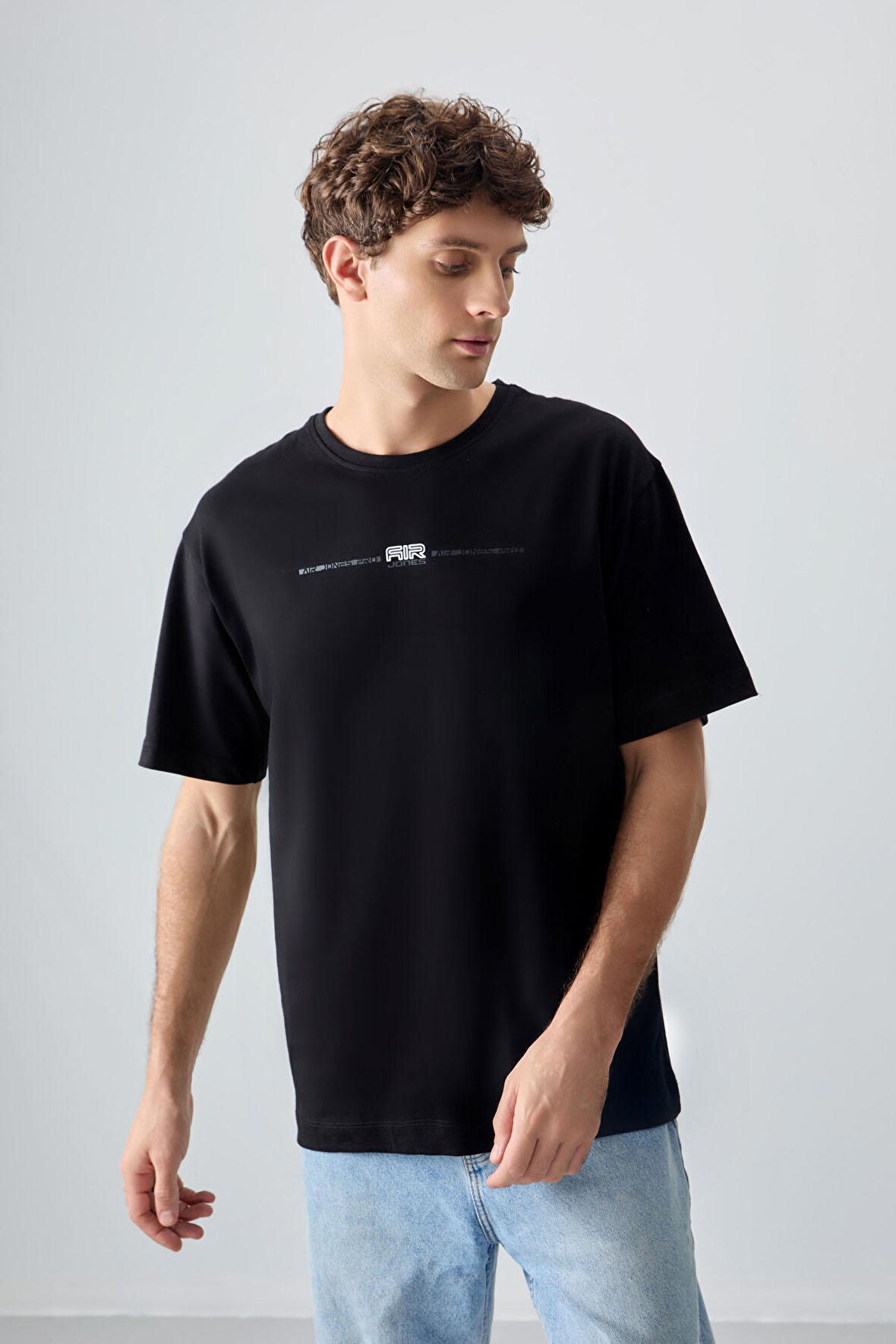 Siyah %100 Pamuk Kalın Yumuşak Dokulu Oversize Fit Baskılı Erkek T- Shirt - 88357 | XXL