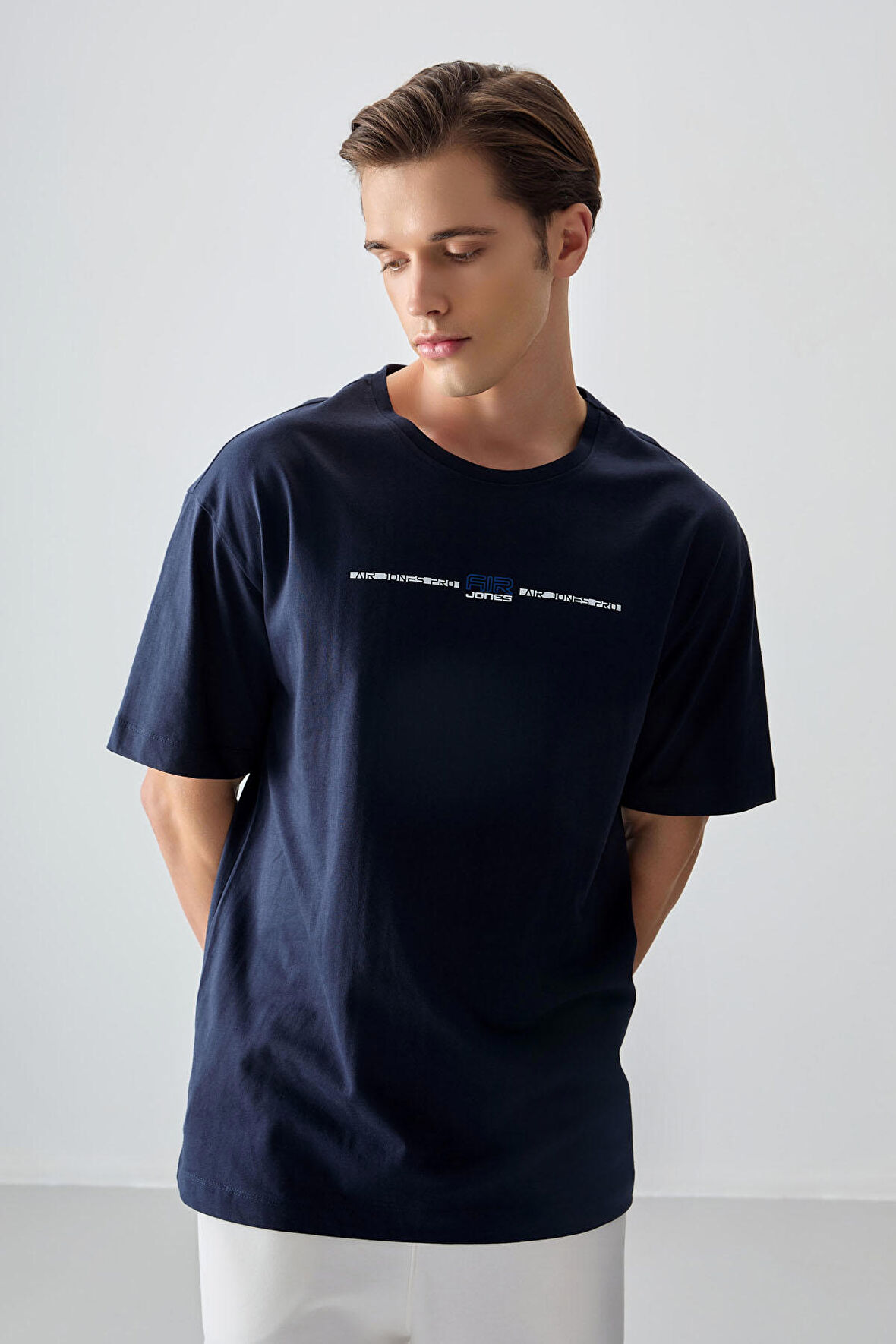 Lacivert %100 Pamuk Kalın Yumuşak Dokulu Oversize Fit Baskılı Erkek T- Shirt - 88357 | L