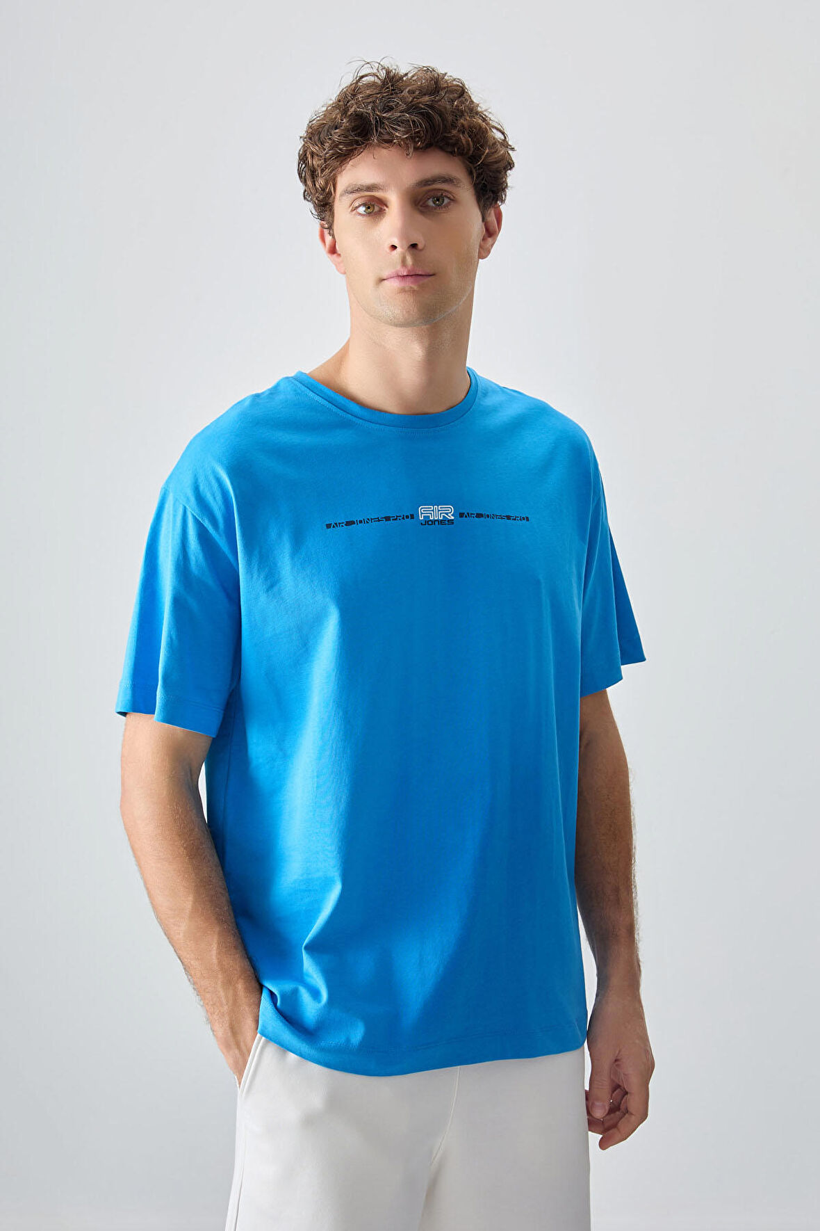 Petrol Mavi %100 Pamuk Kalın Yumuşak Dokulu Oversize Fit Baskılı Erkek T- Shirt - 88357 | S