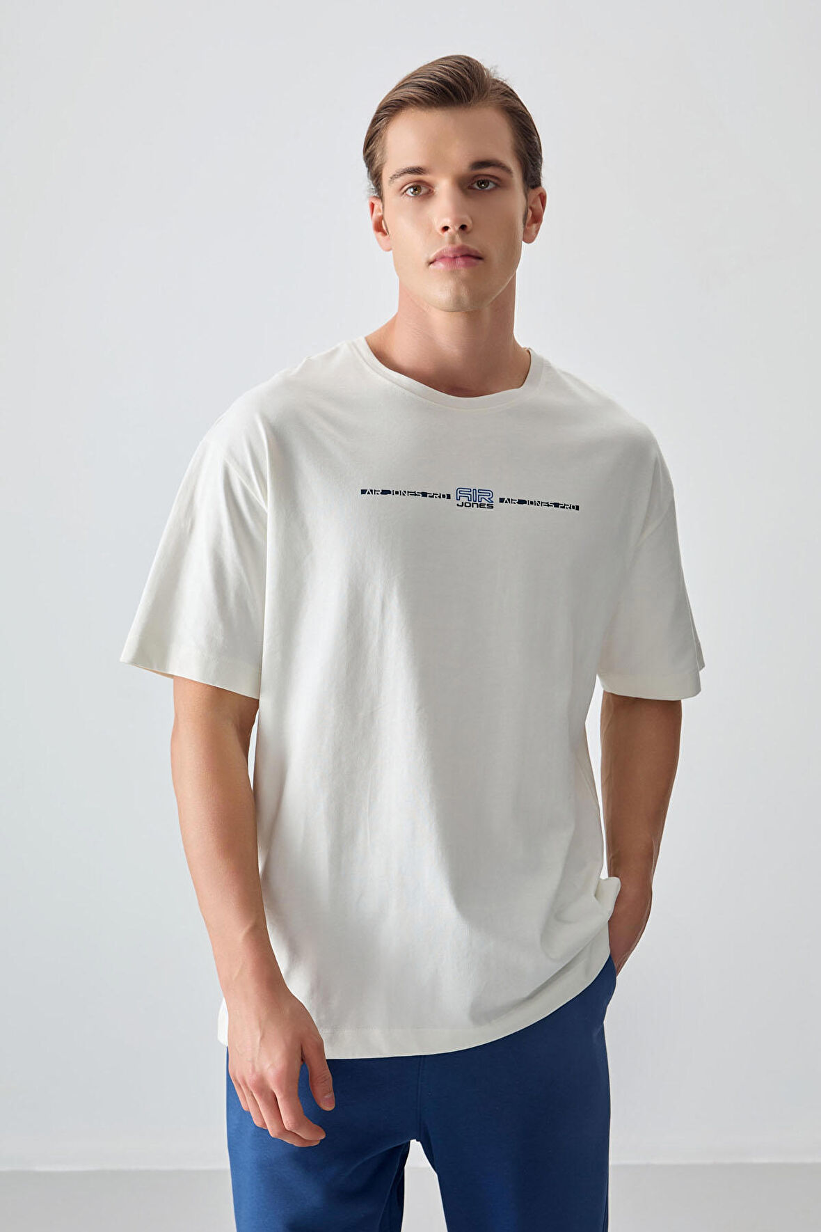 Ekru %100 Pamuk Kalın Yumuşak Dokulu Oversize Fit Baskılı Erkek T- Shirt - 88357 | M
