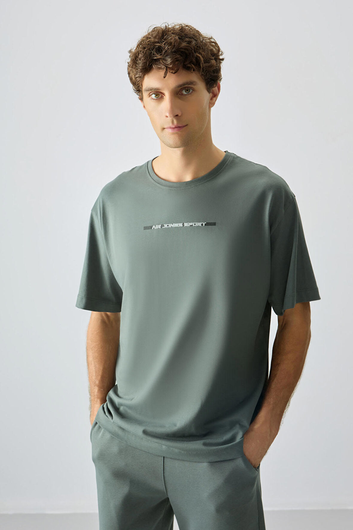 Haki %100 Pamuk Kalın Yumuşak Dokulu Oversize Fit Baskılı Erkek T- Shirt - 88358 | M
