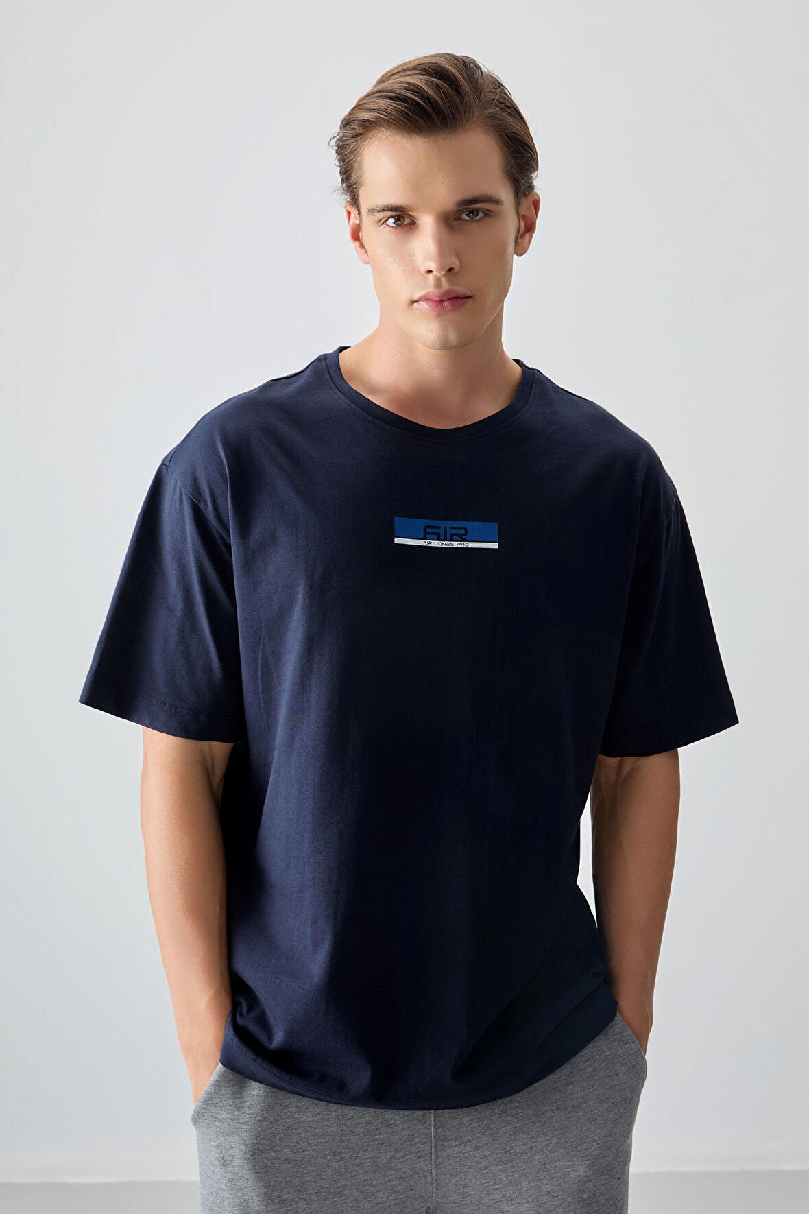 Lacivert %100 Pamuk Kalın Yumuşak Dokulu Oversize Fit Baskılı Erkek T- Shirt - 88359 | S