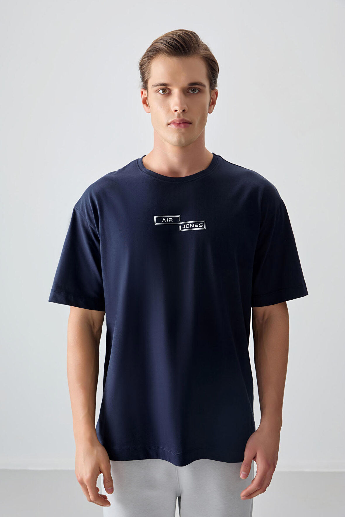 Lacivert %100 Pamuk Kalın Yumuşak Dokulu Oversize Fit Baskılı Erkek T- Shirt - 88361 | XXL