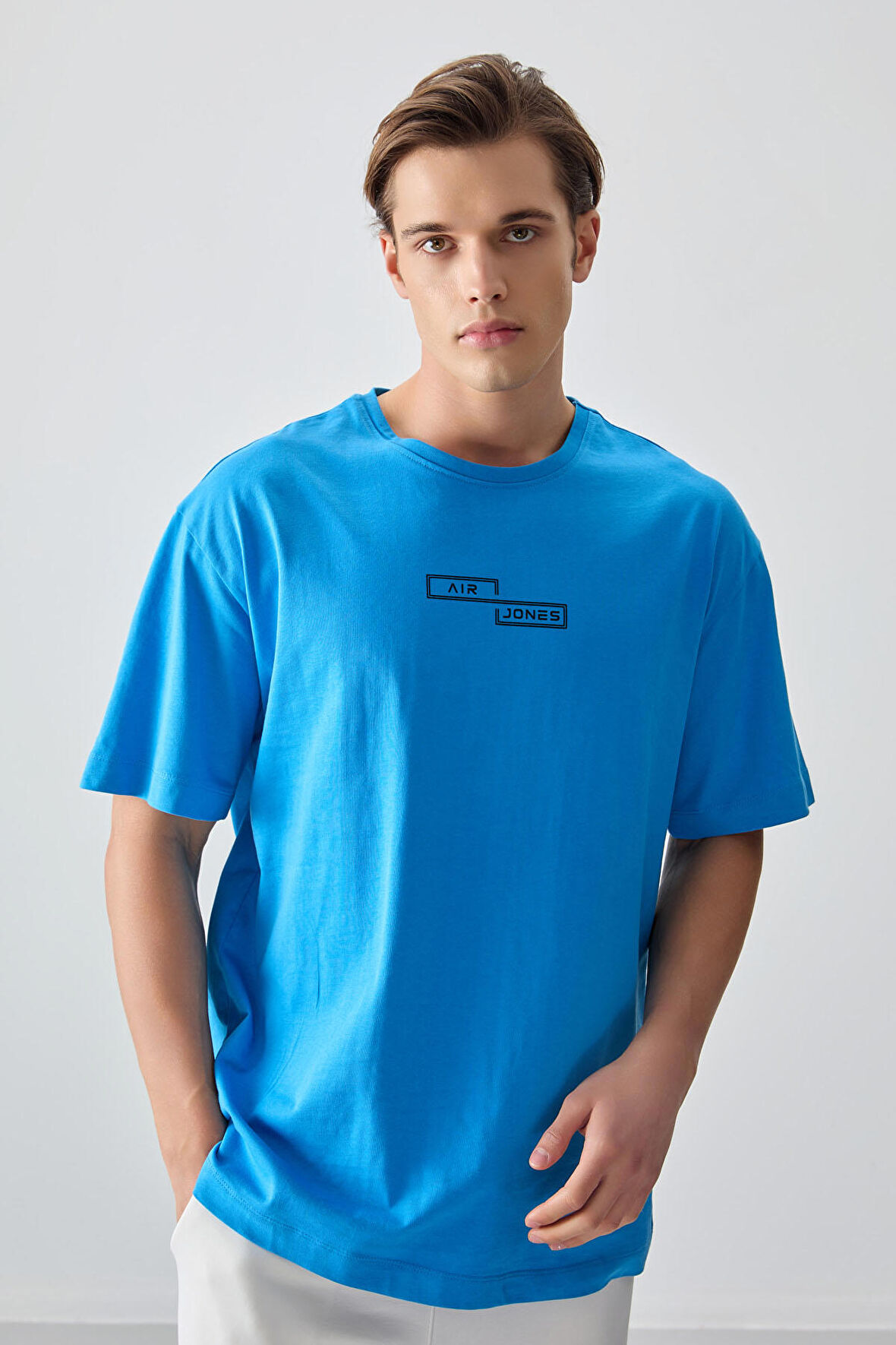 Petrol Mavi %100 Pamuk Kalın Yumuşak Dokulu Oversize Fit Baskılı Erkek T- Shirt - 88361 | XXL