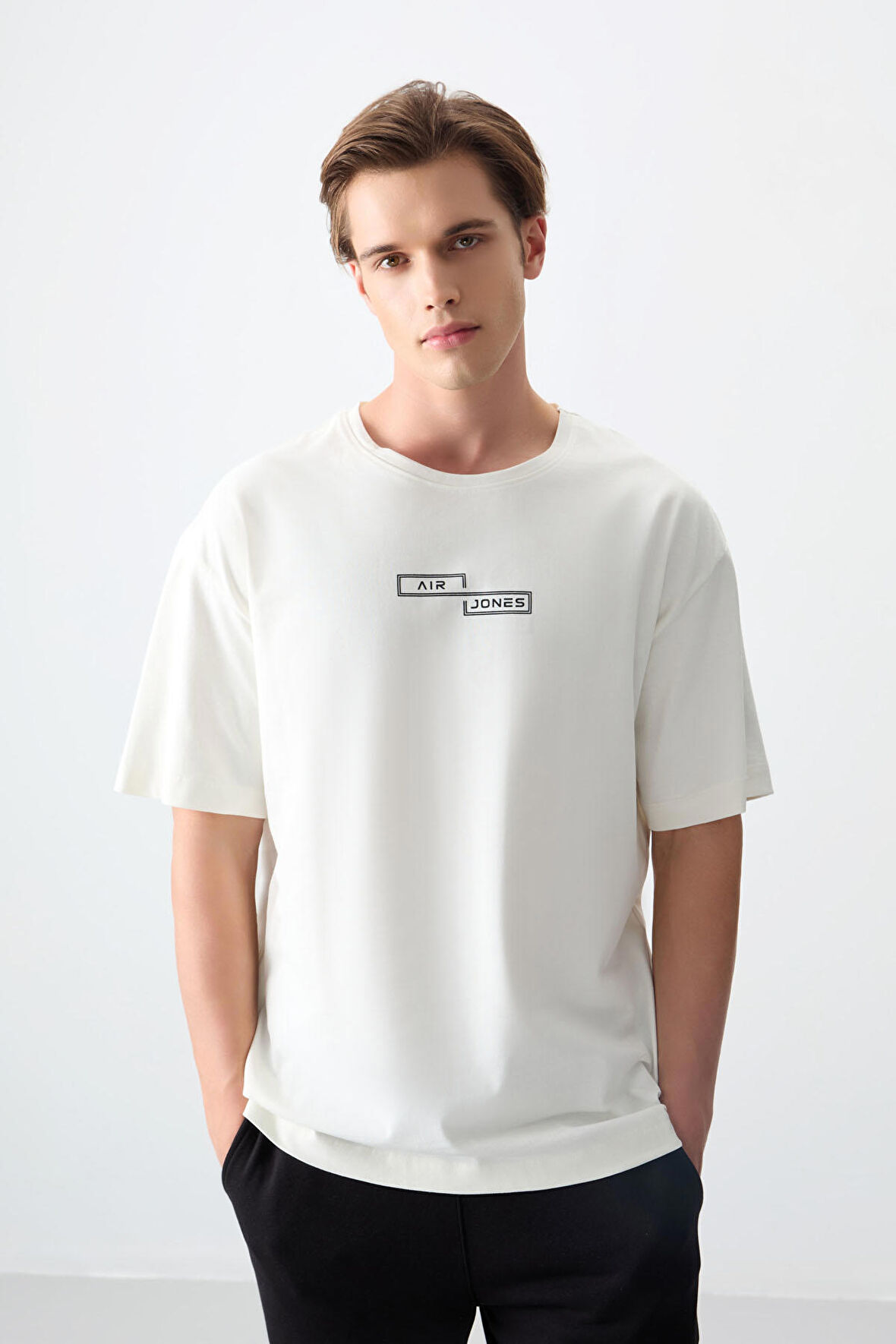 Ekru %100 Pamuk Kalın Yumuşak Dokulu Oversize Fit Baskılı Erkek T- Shirt - 88361 | XXL