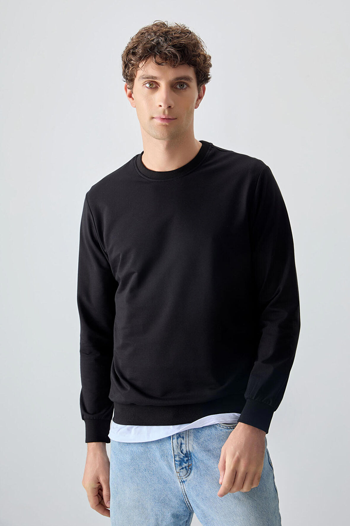 Siyah Pamuk Yumuşak Dokulu Standart Fit Basic Erkek Sweatshirt - 88363