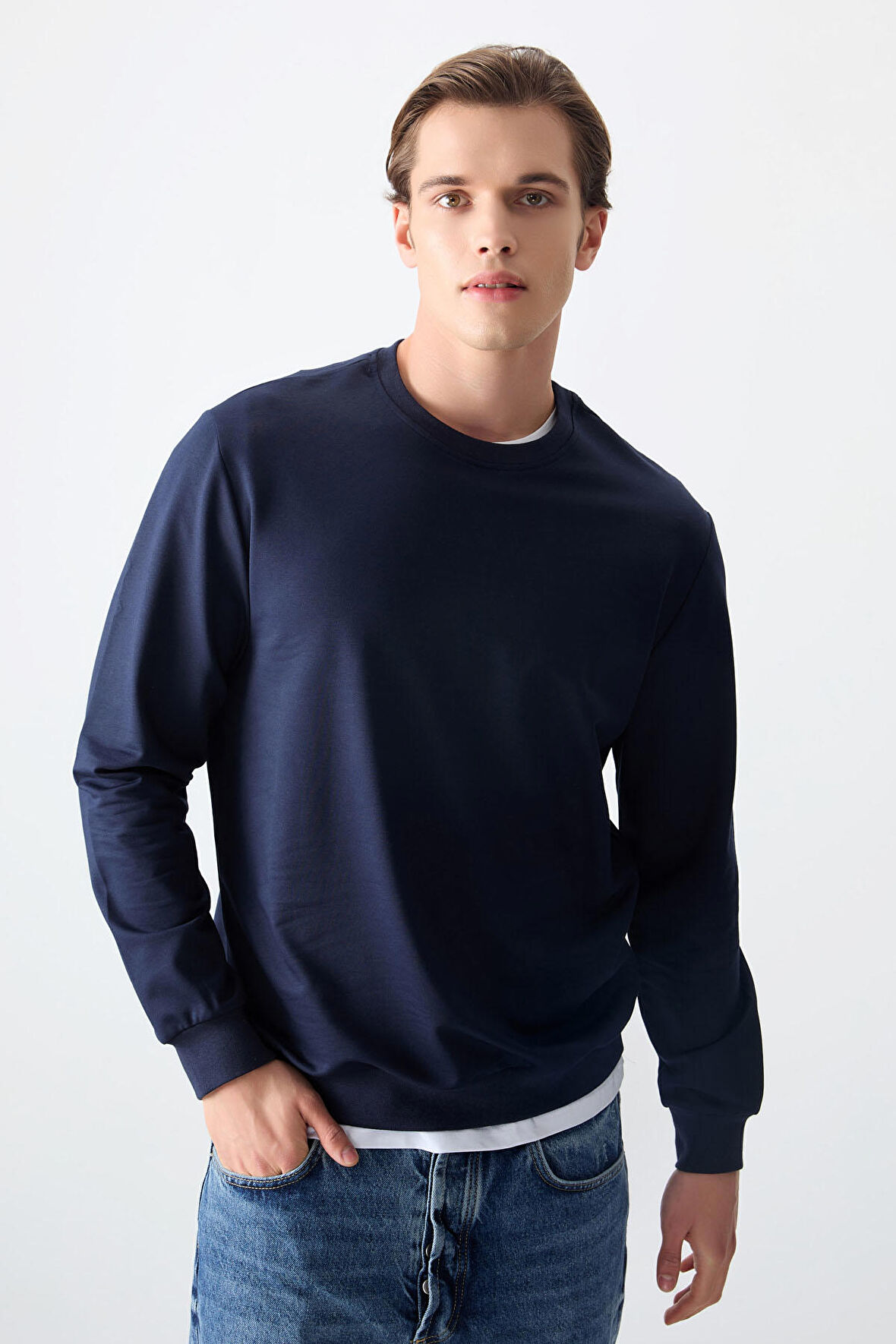 İndigo Pamuk Dokulu Standart Fit Basic Erkek Sweatshirt - 88363 | L