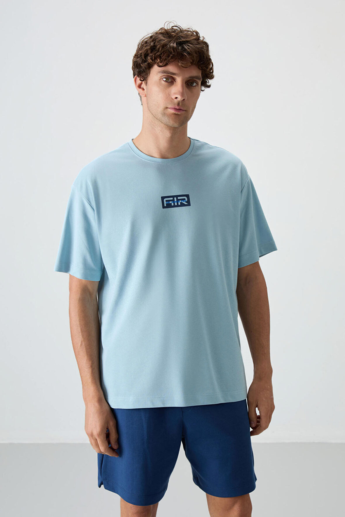 Açık Mavi Pamuklu Kalın Yüzeyi Dokulu Oversize Fit  Baskılı Erkek T-Shirt - 88367