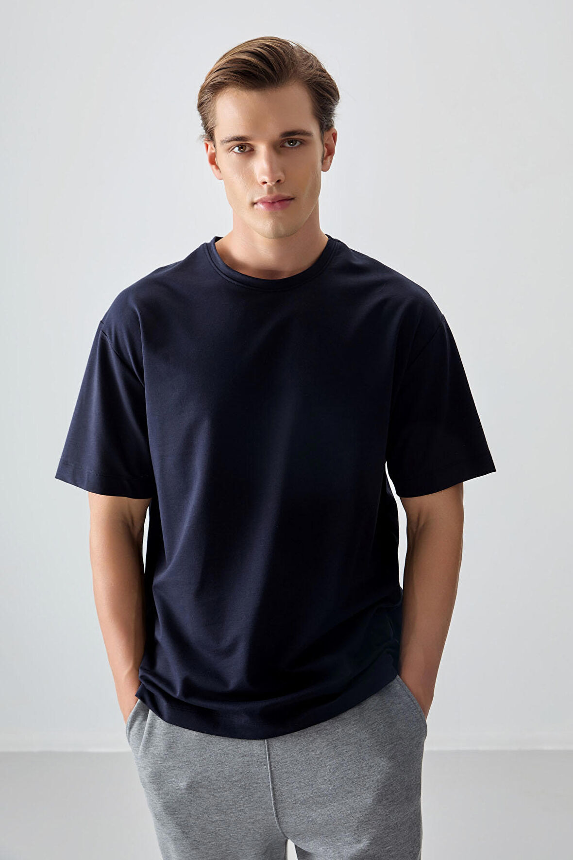 Lacivert Pamuklu Kalın Yumuşak Dokulu Oversize Fit Basic Erkek T- Shirt - 88377 | XL