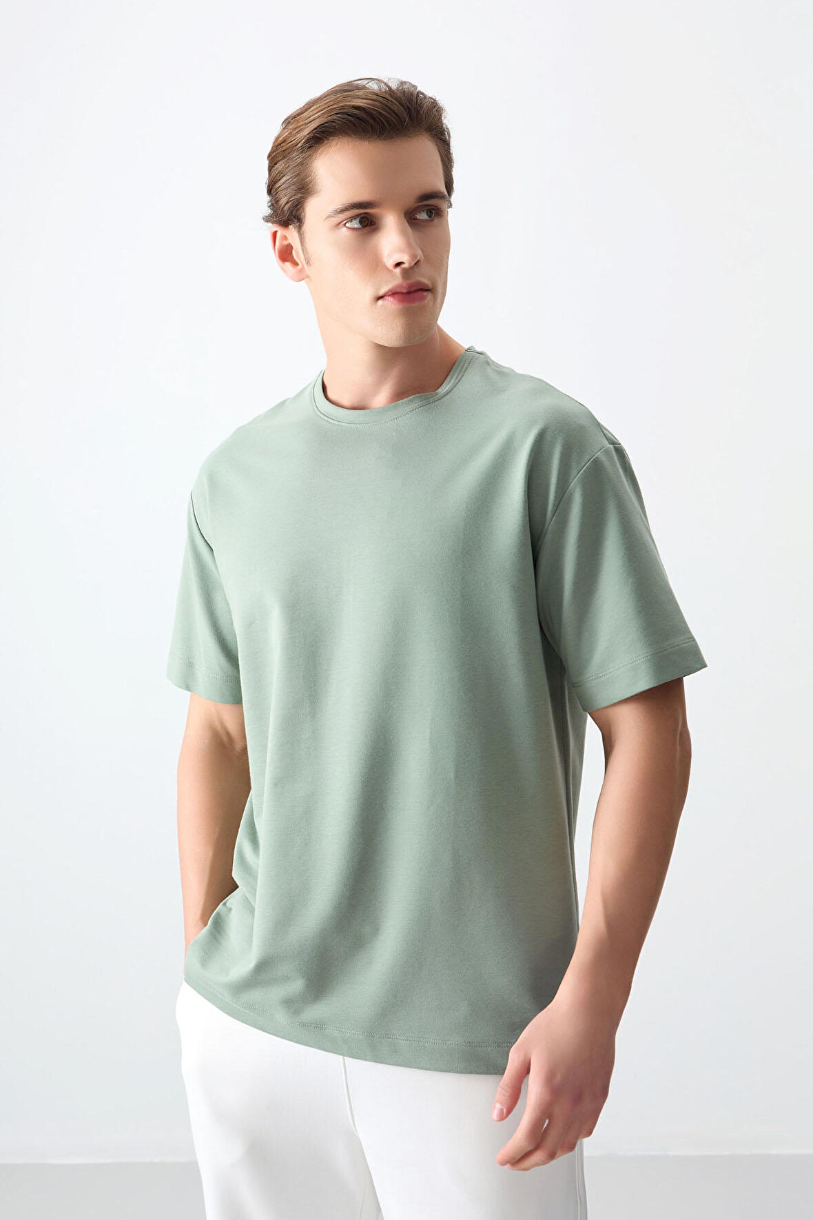 Açık Yeşil Pamuklu Kalın Yumuşak Dokulu Oversize Fit Basic Erkek T-Shirt - 88377 | L