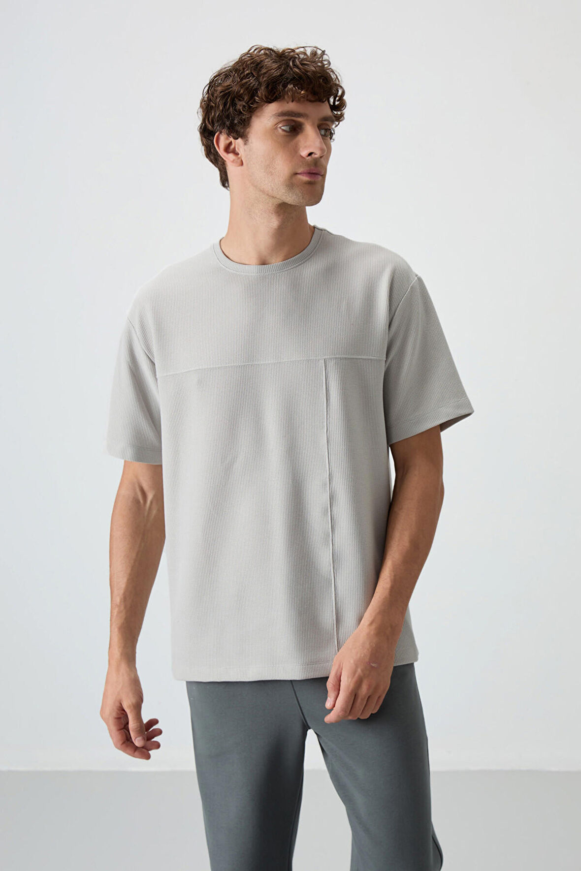 Taş Waffle İnterlok Yüzeyi Dokulu Oversize Fit Basic Erkek T-Shirt - 88380