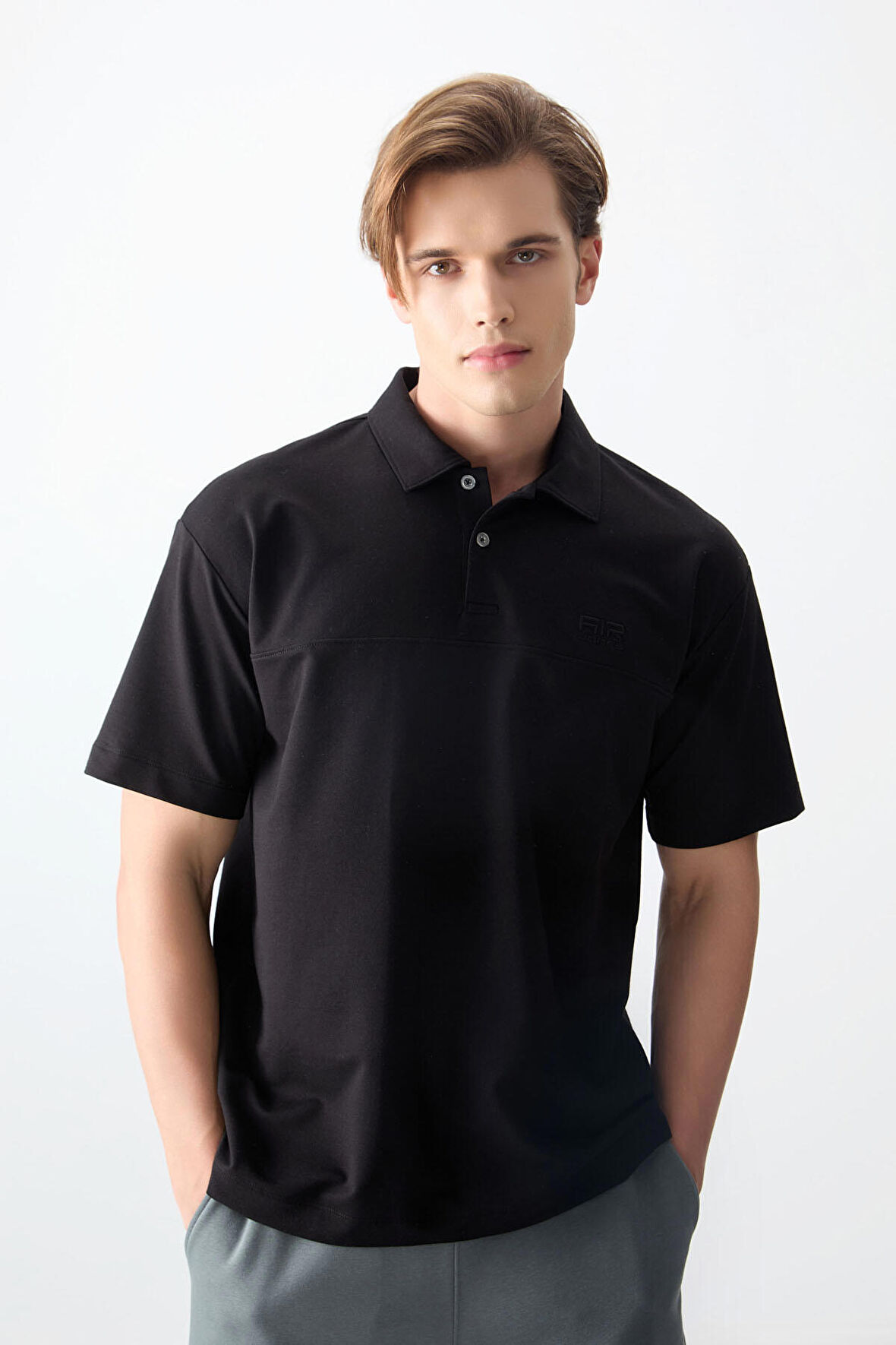 Siyah Pamuklu Kalın Yumuşak Dokulu Polo Yaka Oversize Fit Basic Erkek T- Shirt - 88382