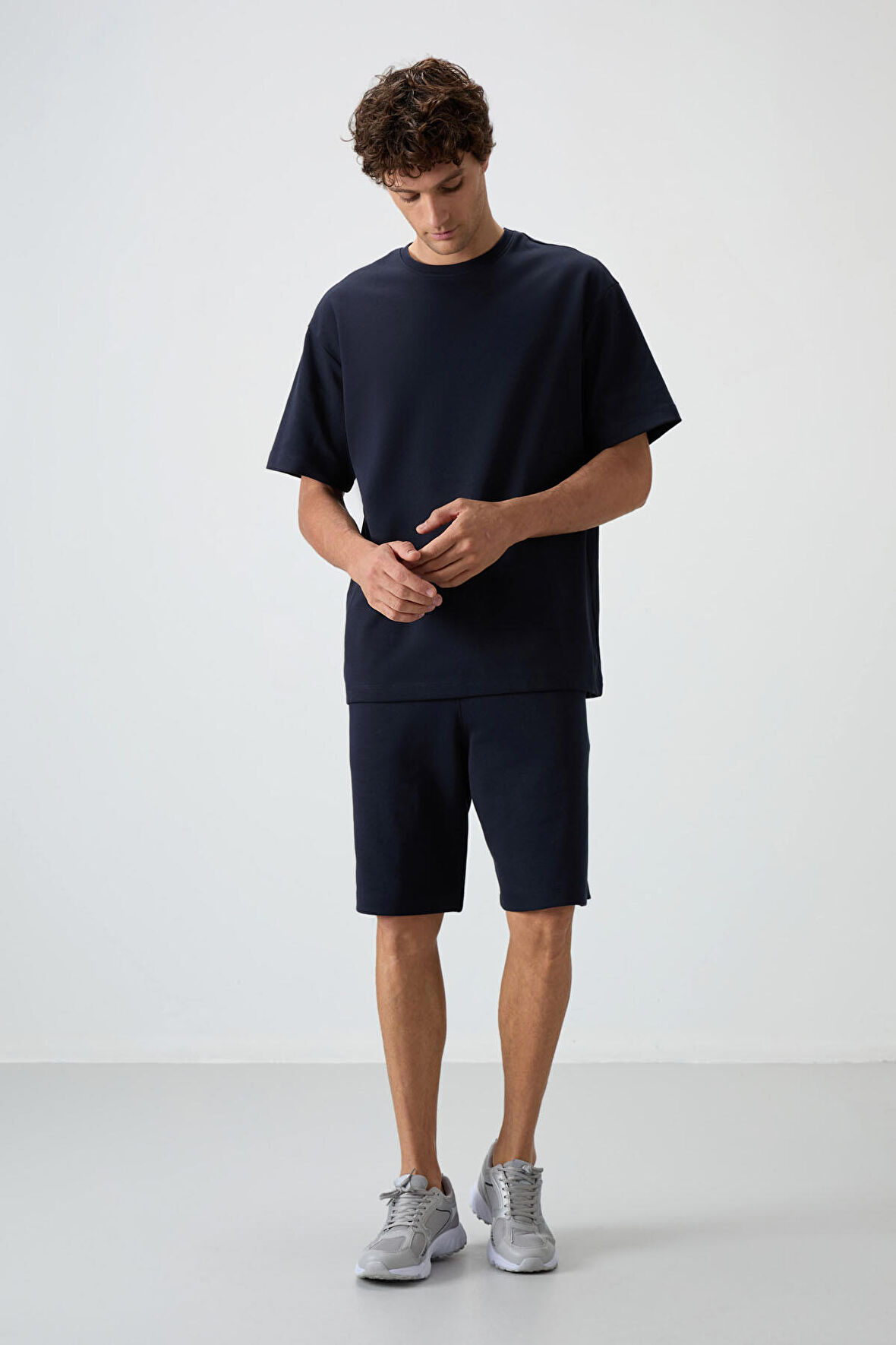 Lacivert Pamuklu Kalın Yumuşak Dokulu Oversize Fit Basic Erkek Şort Takım - 85249