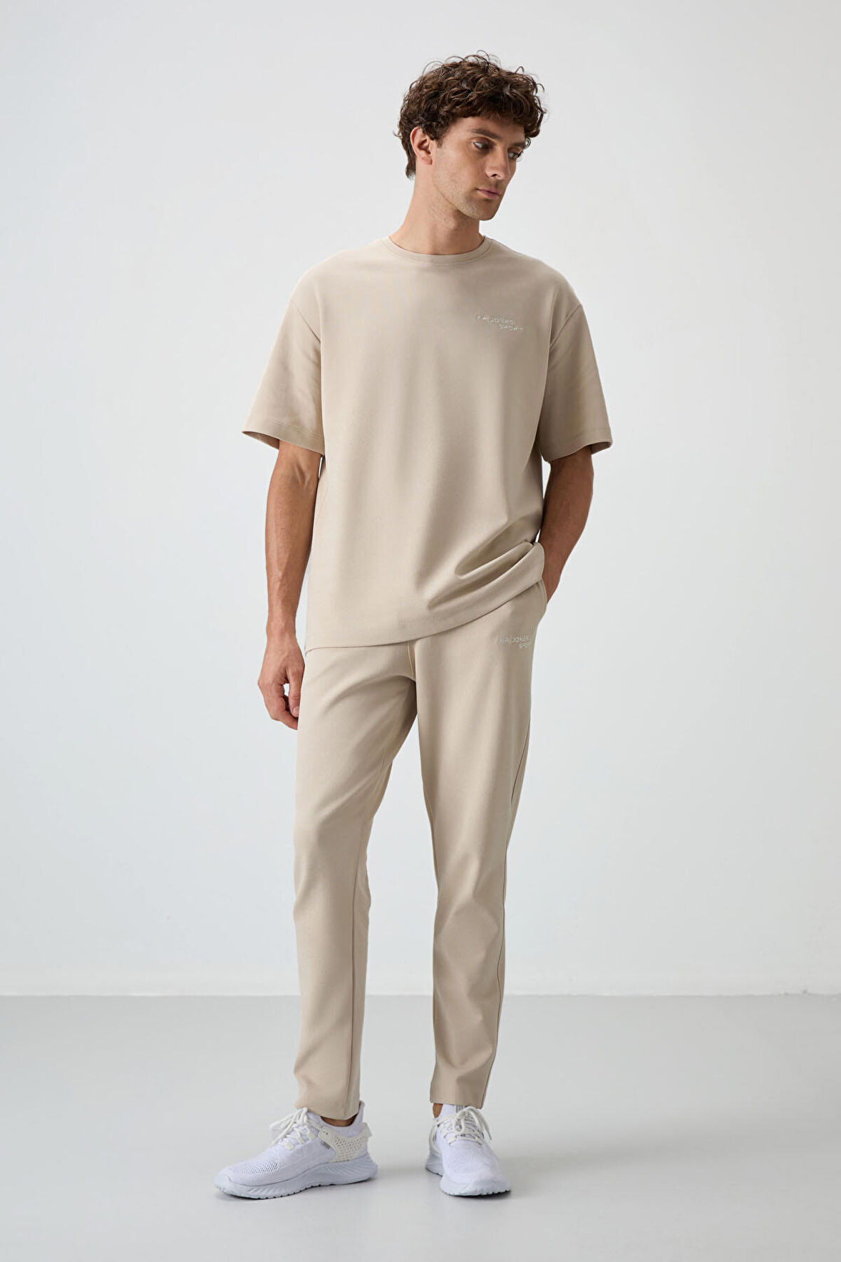 Bej Pamuklu Kalın Yumuşak Dokulu Oversize Fit Nakışlı Erkek Eşofman Takım - 85252
