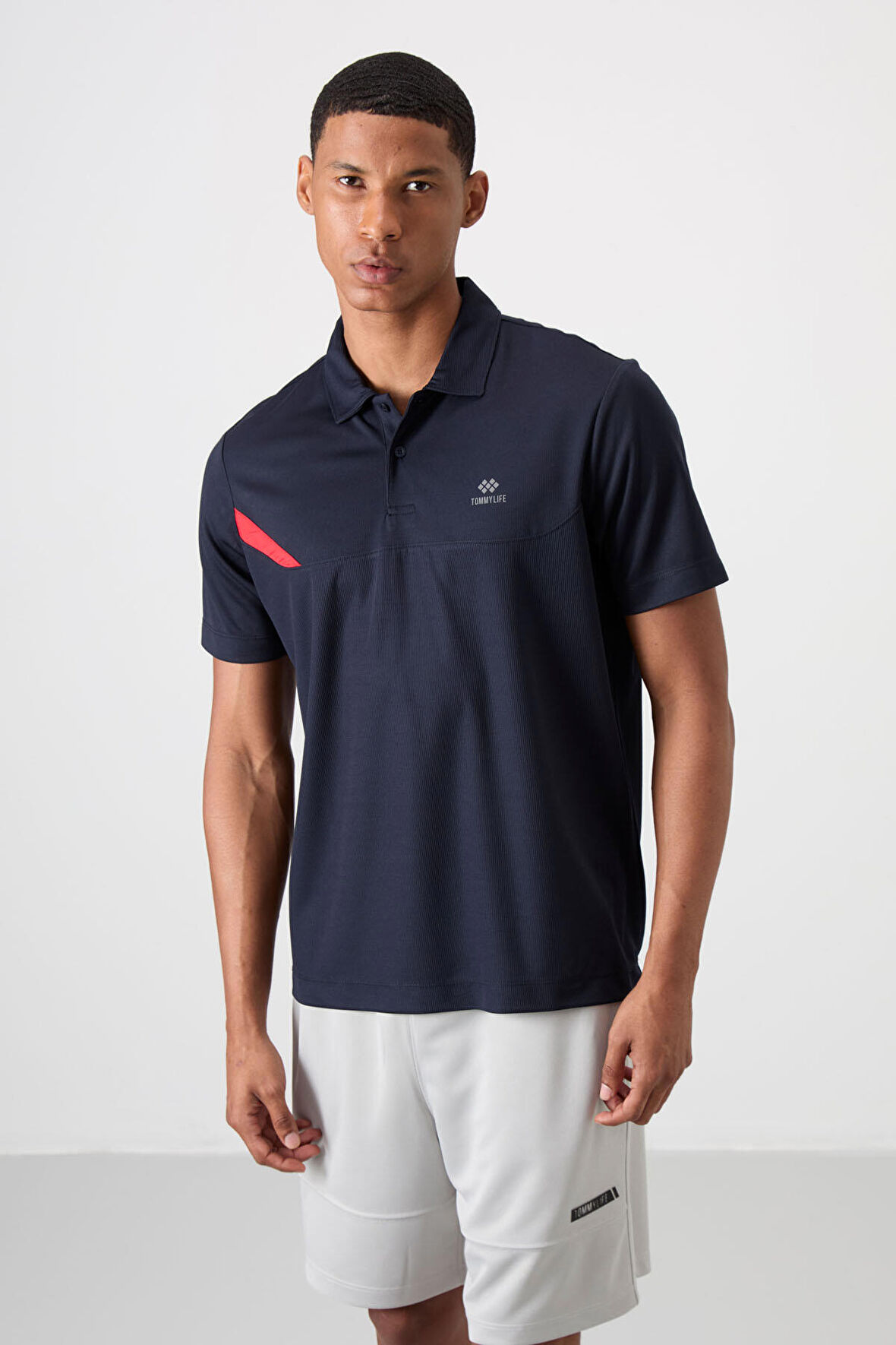 Lacivert Polyester Nefes Alan Dokulu İnce Esnek Standart Fit Polo Yaka Erkek Performans T-Shirt - 88402