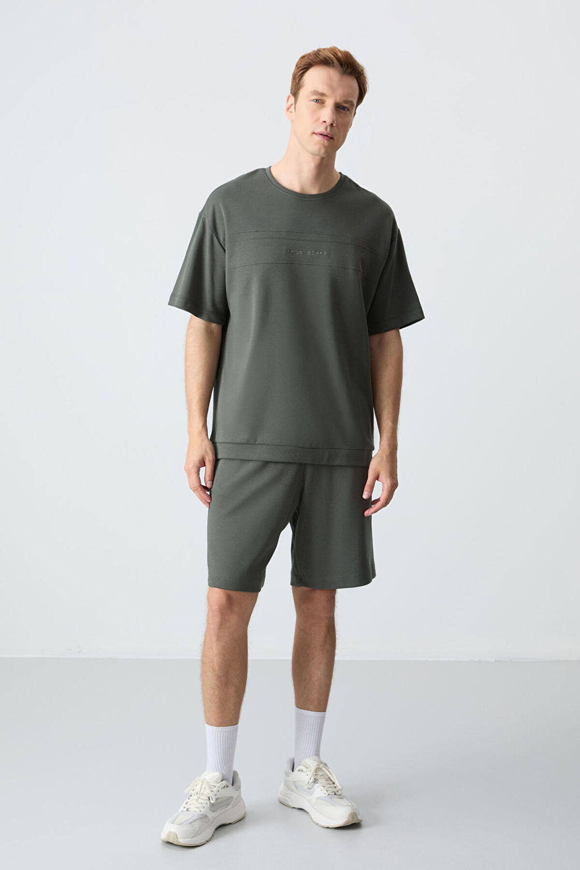Haki Pamuklu Kalın Yumuşak Dokulu Oversize Fit Basic Erkek Şort Takım - 85257