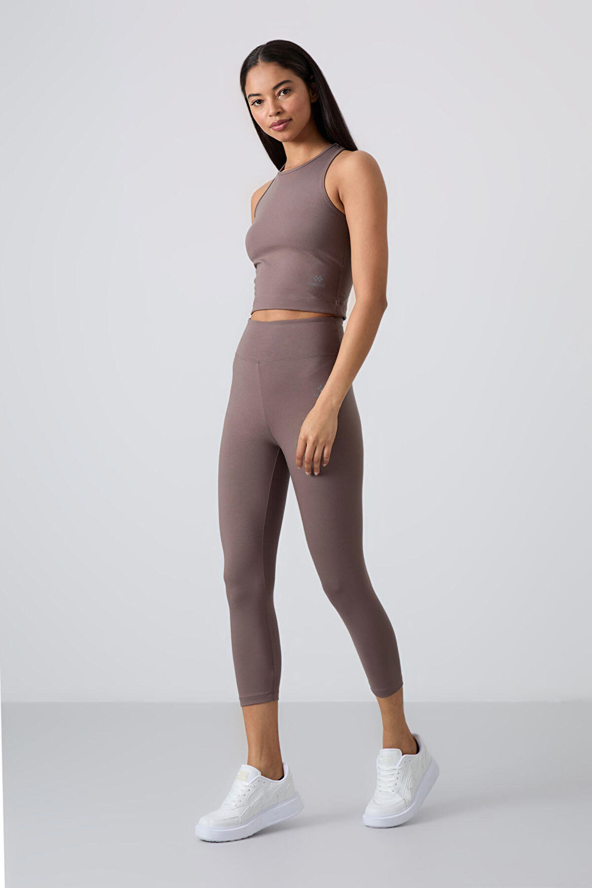 Kahvrengi Yüksek Bel Kapri-Crop Atlet Slim Fit Kadın Tayt Takım - 95284
