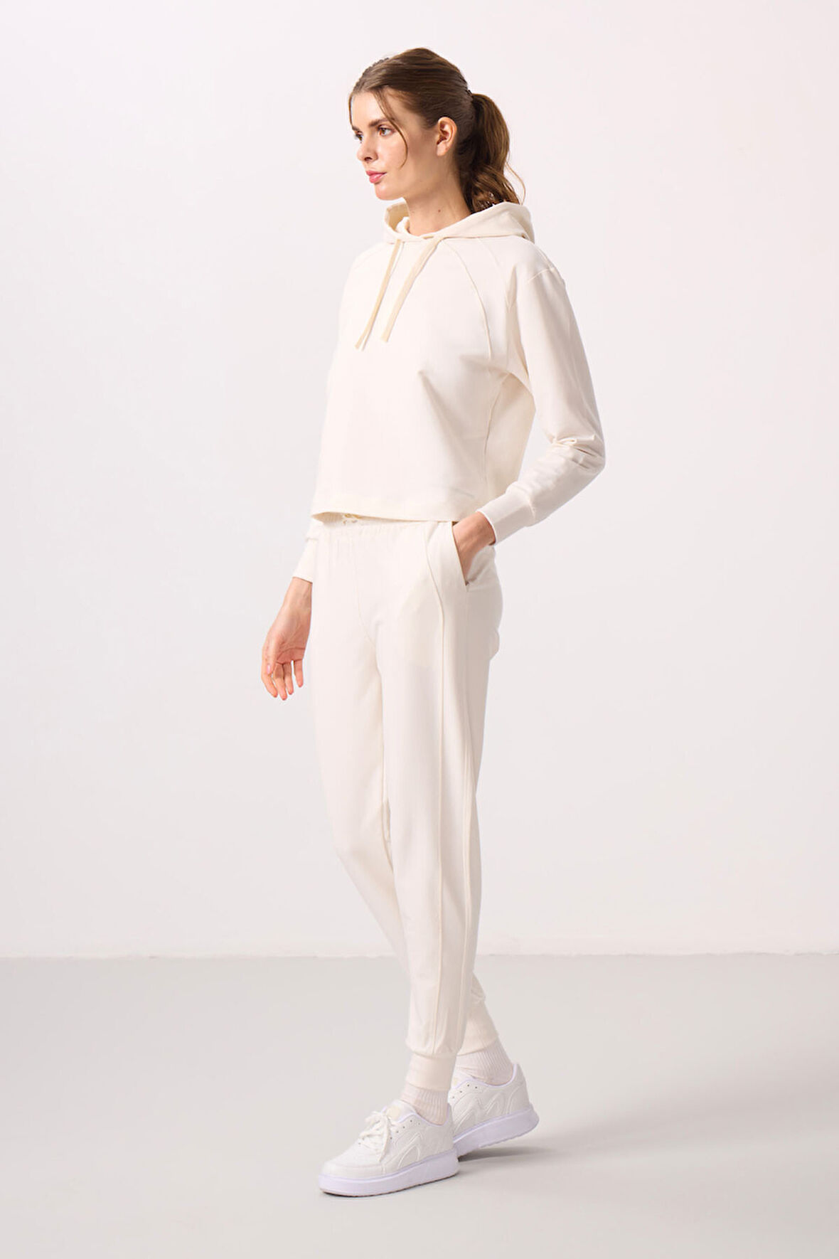 Ekru Kapüşonlu Oversize Kadın Eşofman Takım - 95336