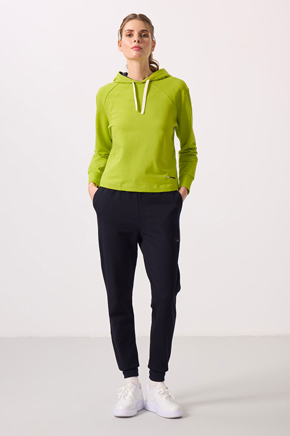 Lime Yeşil-Lacivert Kapüşonlu Oversize Kadın Eşofman Takım - 95336