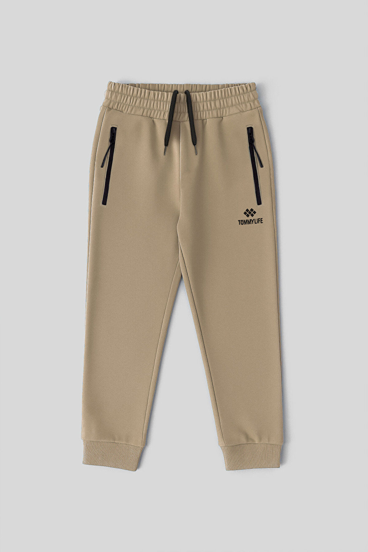 Koyu Bej Fermuarlı Standart Fit İnce Erkek Çocuk Eşofman Alt - 64042