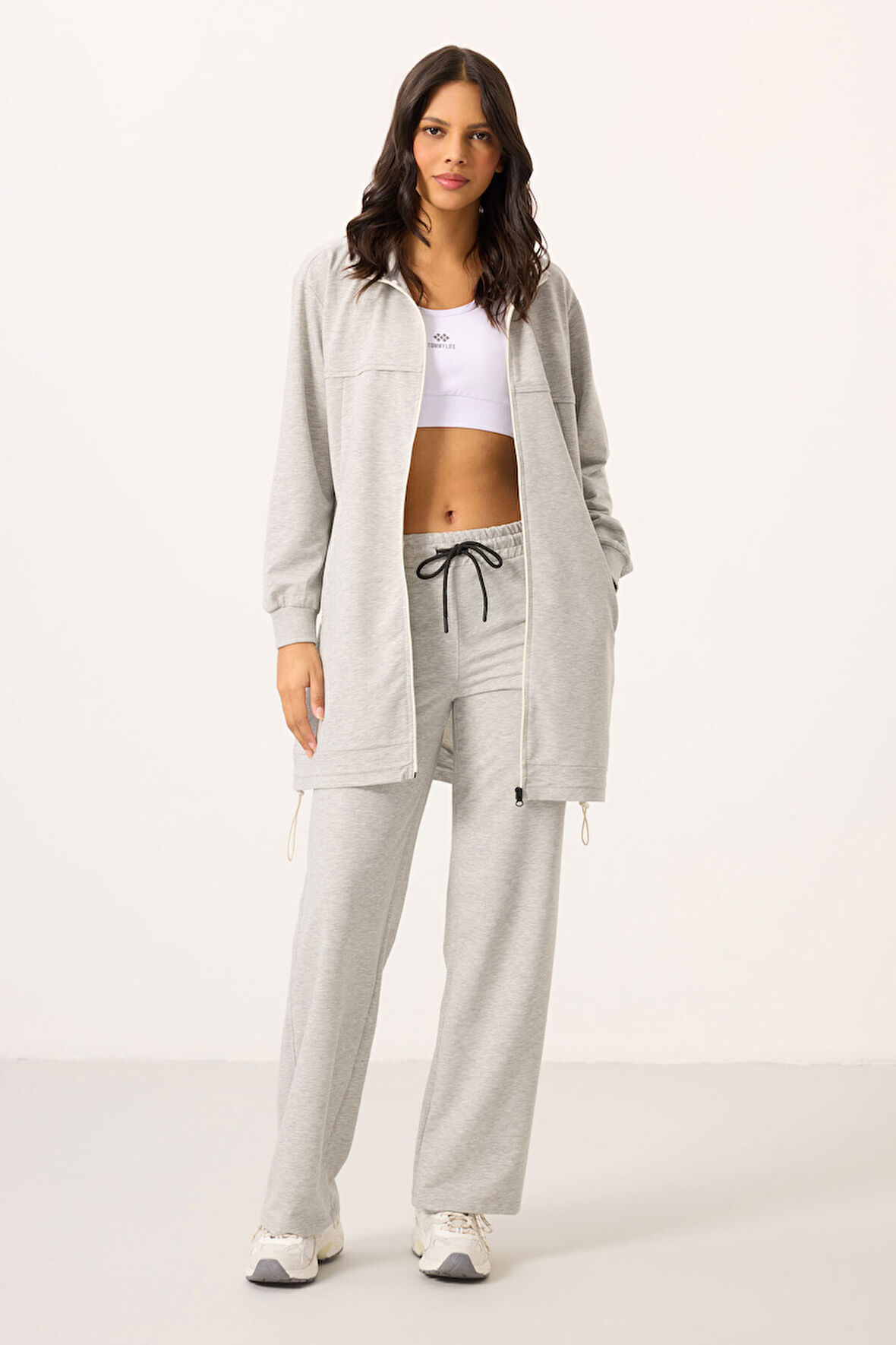 Gri Melanj Dik Yaka Fermuarlı Pamuklu Kadın Eşofman Tunik Takım - 95346