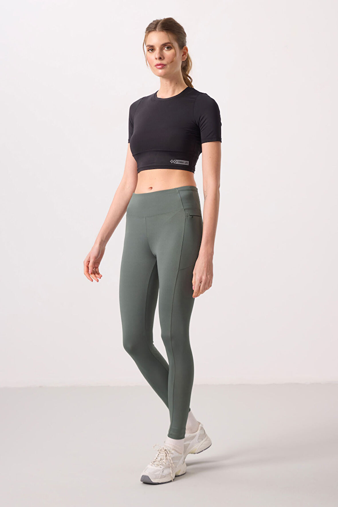 Haki Polyester Esnek Standart Fit Performans Kadın Tayt - 94667