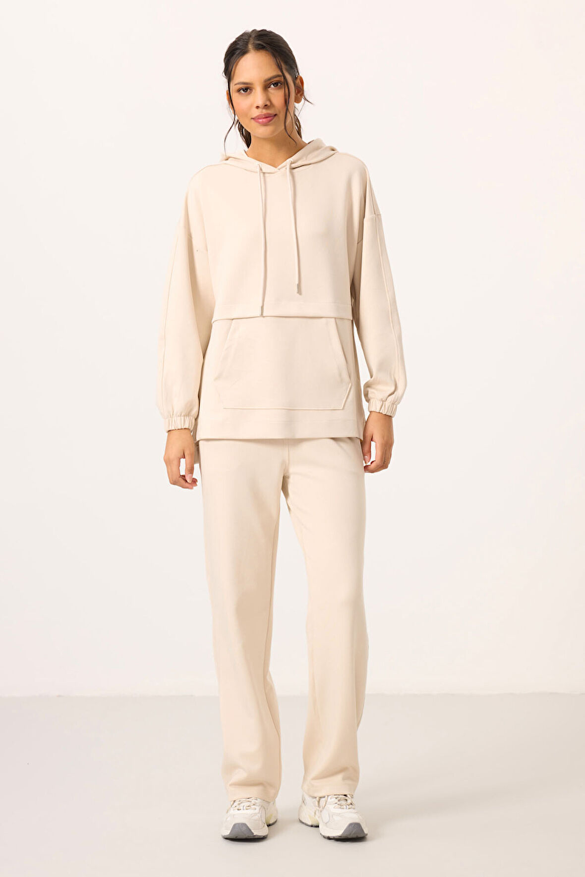 Bej Yumuşak Dokulu Kapüşonlu Oversize Kadın Eşofman Tunik Takım - 95348