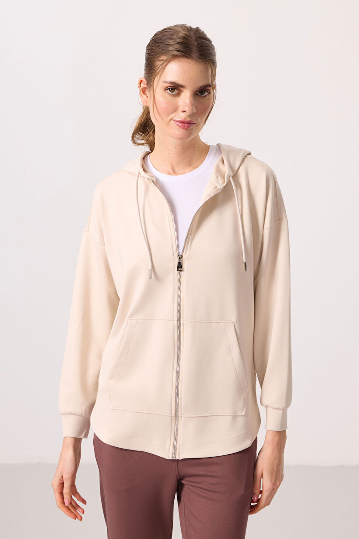 Bej Yumuşak Dokulu Kapüşonlu Oversize Kadın Tunik Sweatshirt - 97302