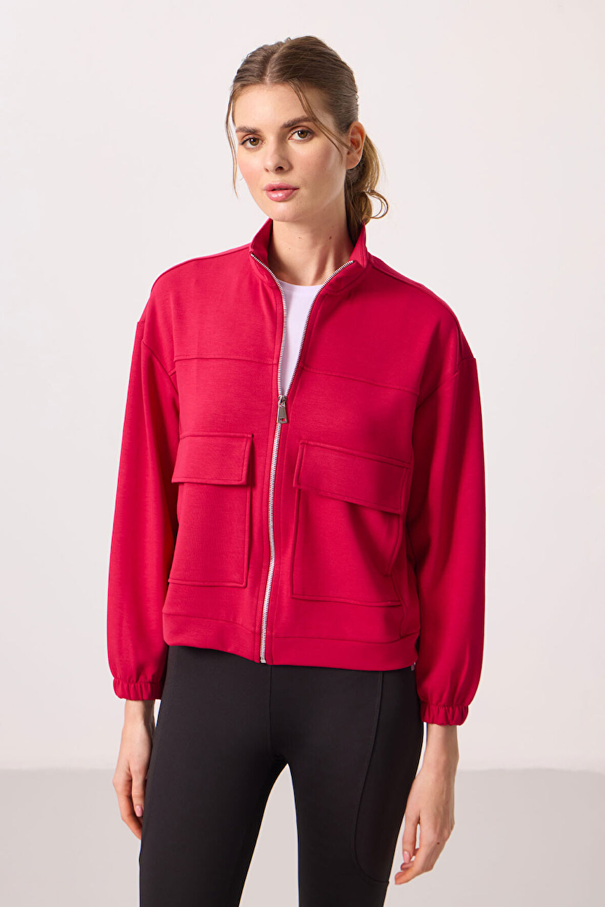 Viva Kırmızı Yumuşak Dokulu Dik Yaka Oversize Kargo Cepli Kadın Crop Top Sweatshirt - 97301