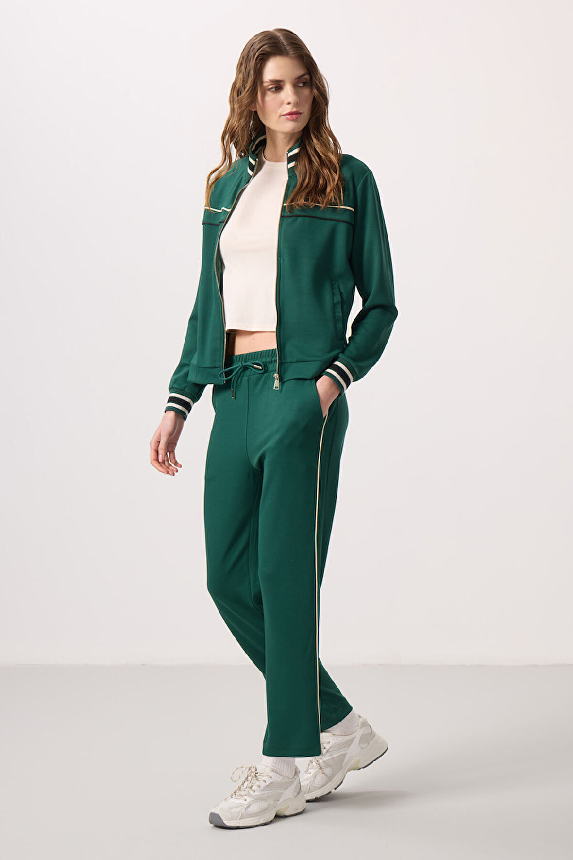 Yeşil Yumuşak Dokulu Triko Dik Yaka Oversize Kadın Eşofman Takım - 95350