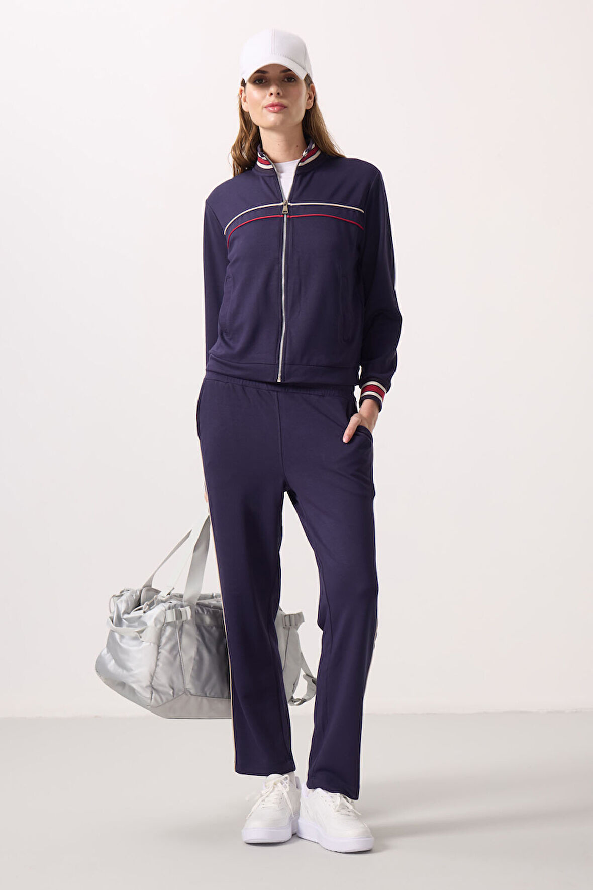 Koyu Mor Yumuşak Dokulu Triko Dik Yaka Oversize Kadın Eşofman Takım - 95350