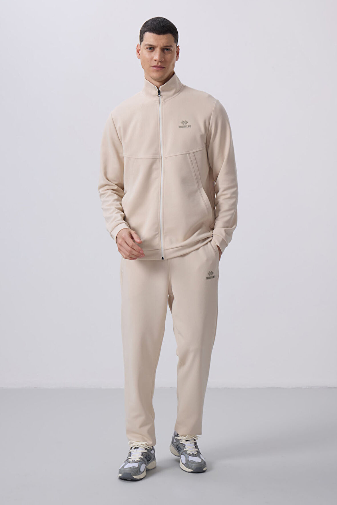 Bej Yüzeyi Dokulu Rahat Form Erkek Eşofman Takım - 85273