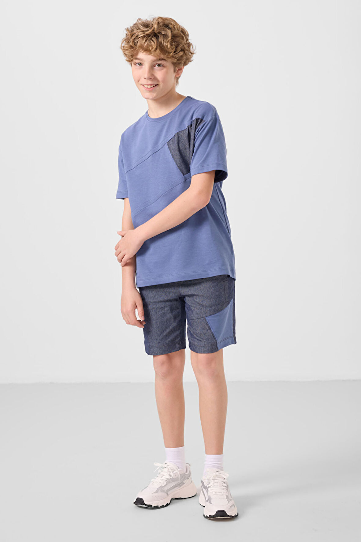 Koyu Mavi-Kot Lacivert Pamuklu Oversize Fit Dokuma Hafif Esnek Chino Erkek Çocuk Şort Takım - 11275