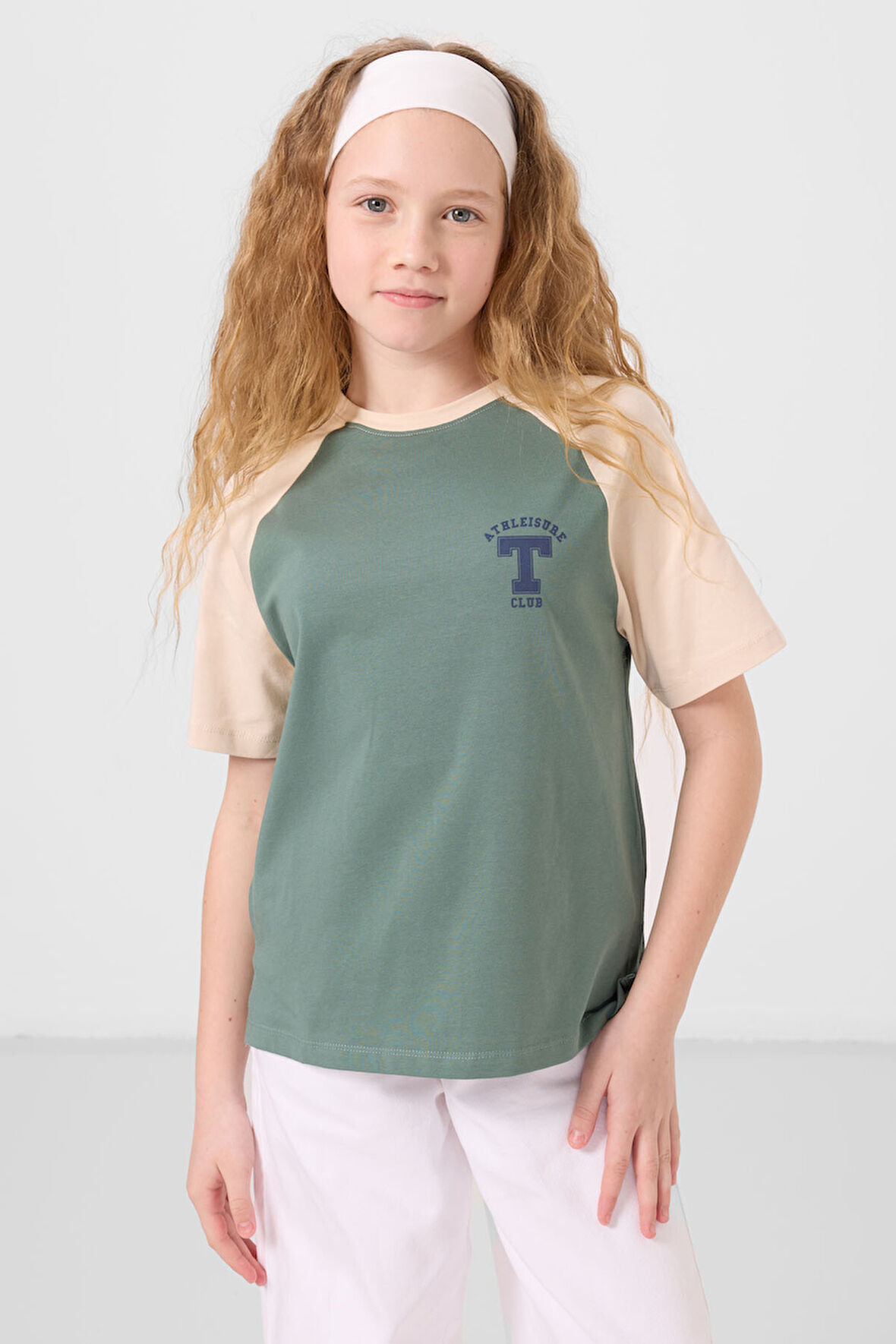 Açık Yeşil O Yaka  Pamuklu Baskılı Oversize Fit Kız Çocuk T-Shirt - 75179