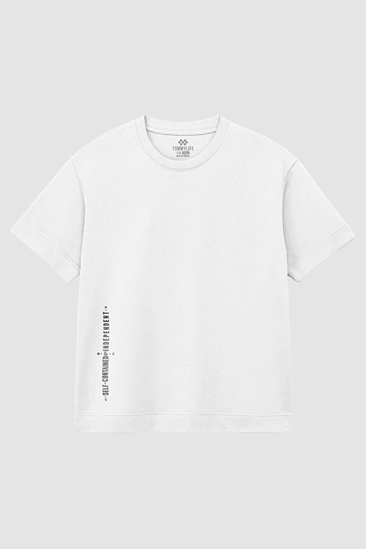 Beyaz Baskılı O Yaka Rahat Form Battal Büyük Beden Erkek T-Shirt - 88472