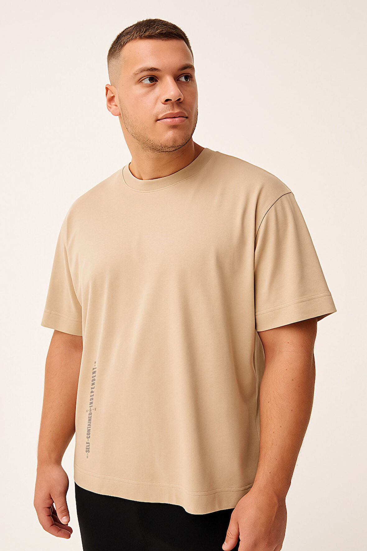 Bej Baskılı O Yaka Rahat Form Battal Büyük Beden Erkek T-Shirt - 88472