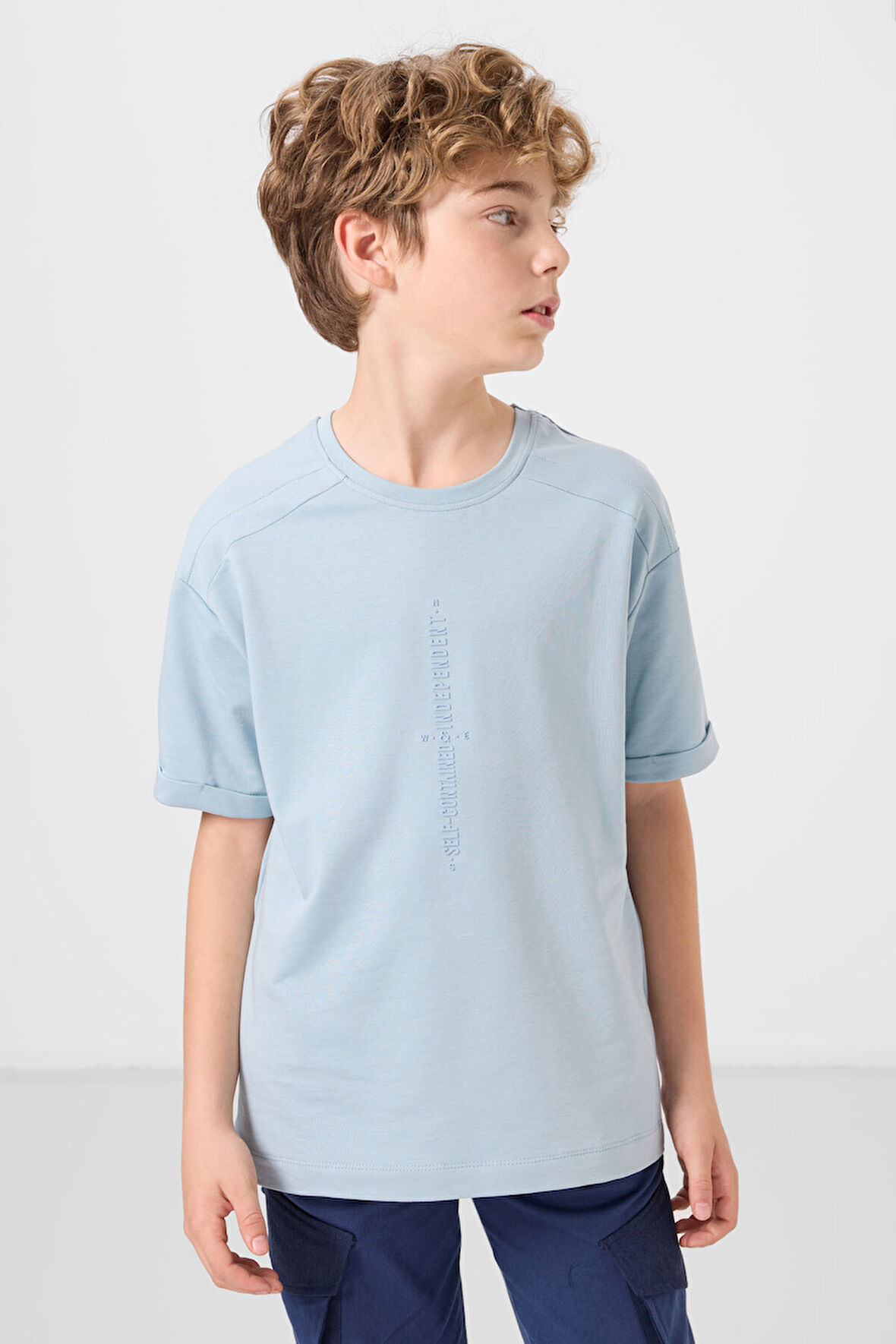 Açık Mavi Pamuklu Yumuşak Dokulu Oversize Baskılı Erkek Çocuk T-Shirt - 11301