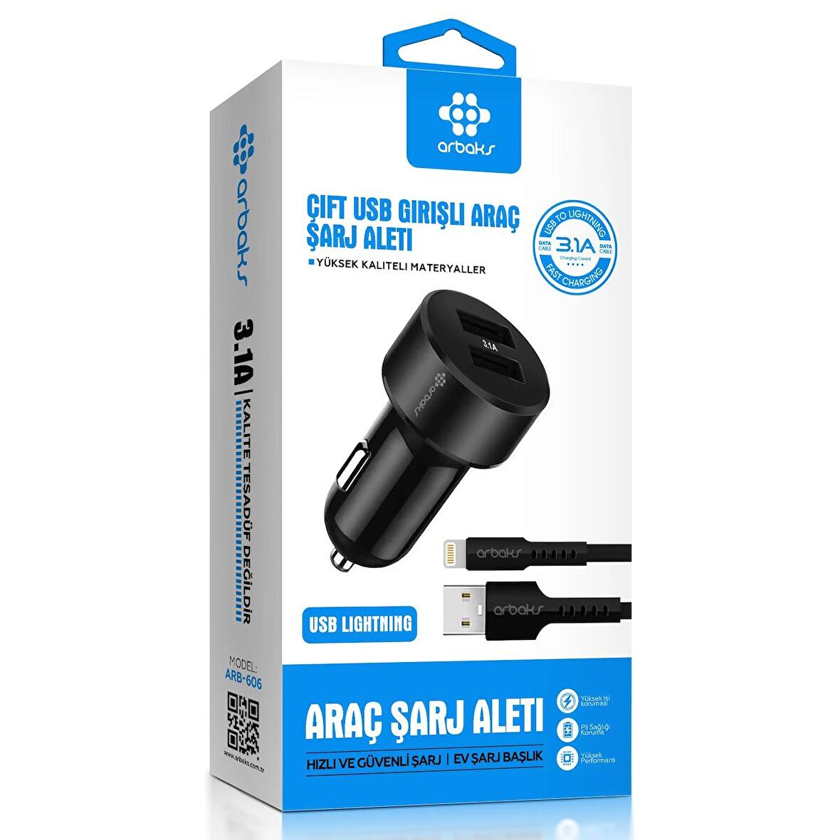 3.1A Çift Usb Girişli (iphone) Kablolu Araç Şarj Aleti Arbaks ARB-606