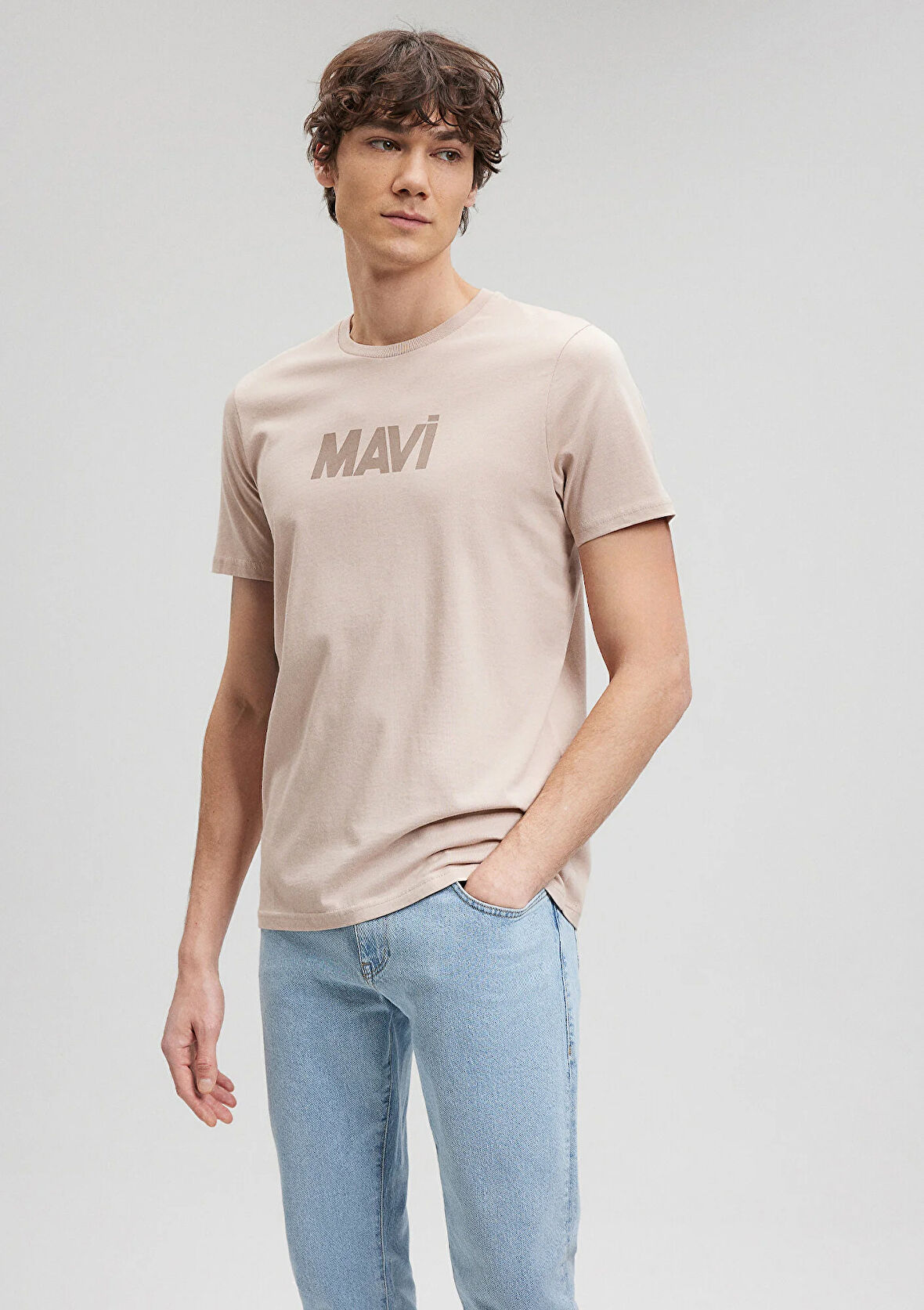 Mavi Logo Baskılı Bej Tişört 066846-70043