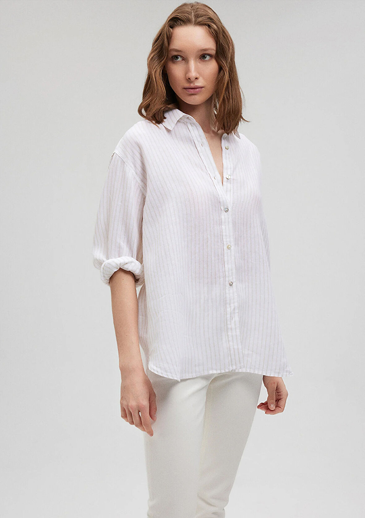 Çizgili Bej Keten Gömlek 1210748-86999