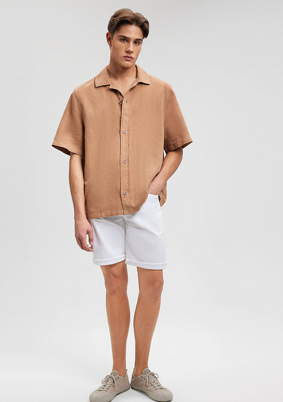 Keten Karışımlı Kahverengi Gömlek 0210885-70369