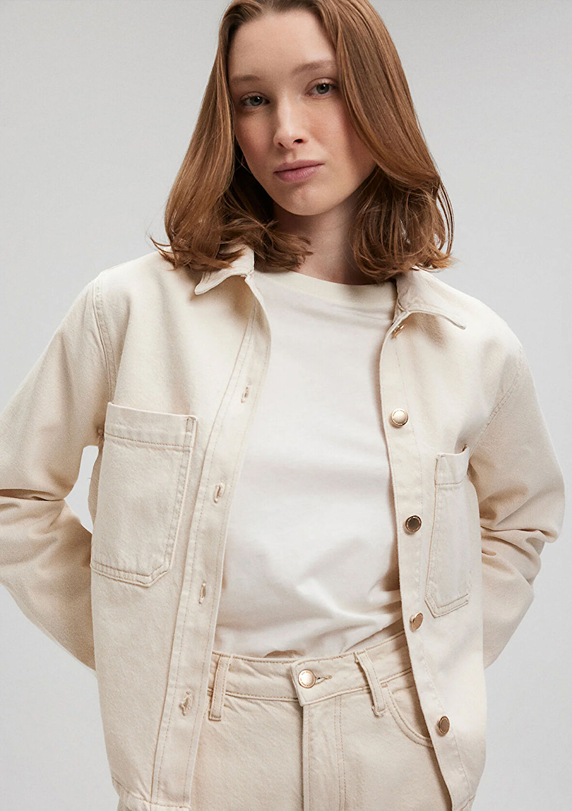 Paola Mavi Premium Krem Jean Gömlek 1210779-87093