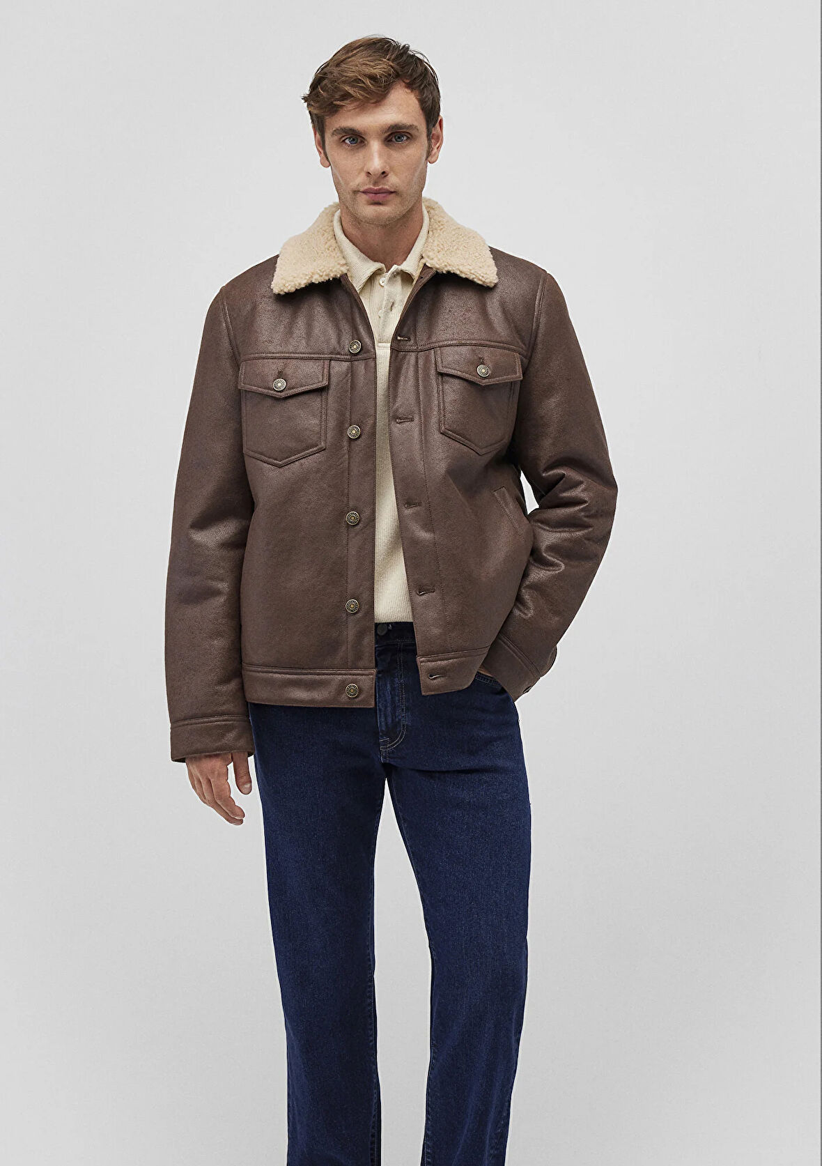 Suni Kürk Detaylı Kahverengi Suni Deri Ceket 0110460-71603