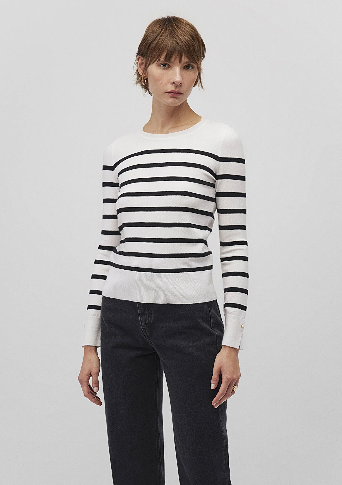 Bisiklet Yaka Çizgili Siyah Kazak 1710545-85407