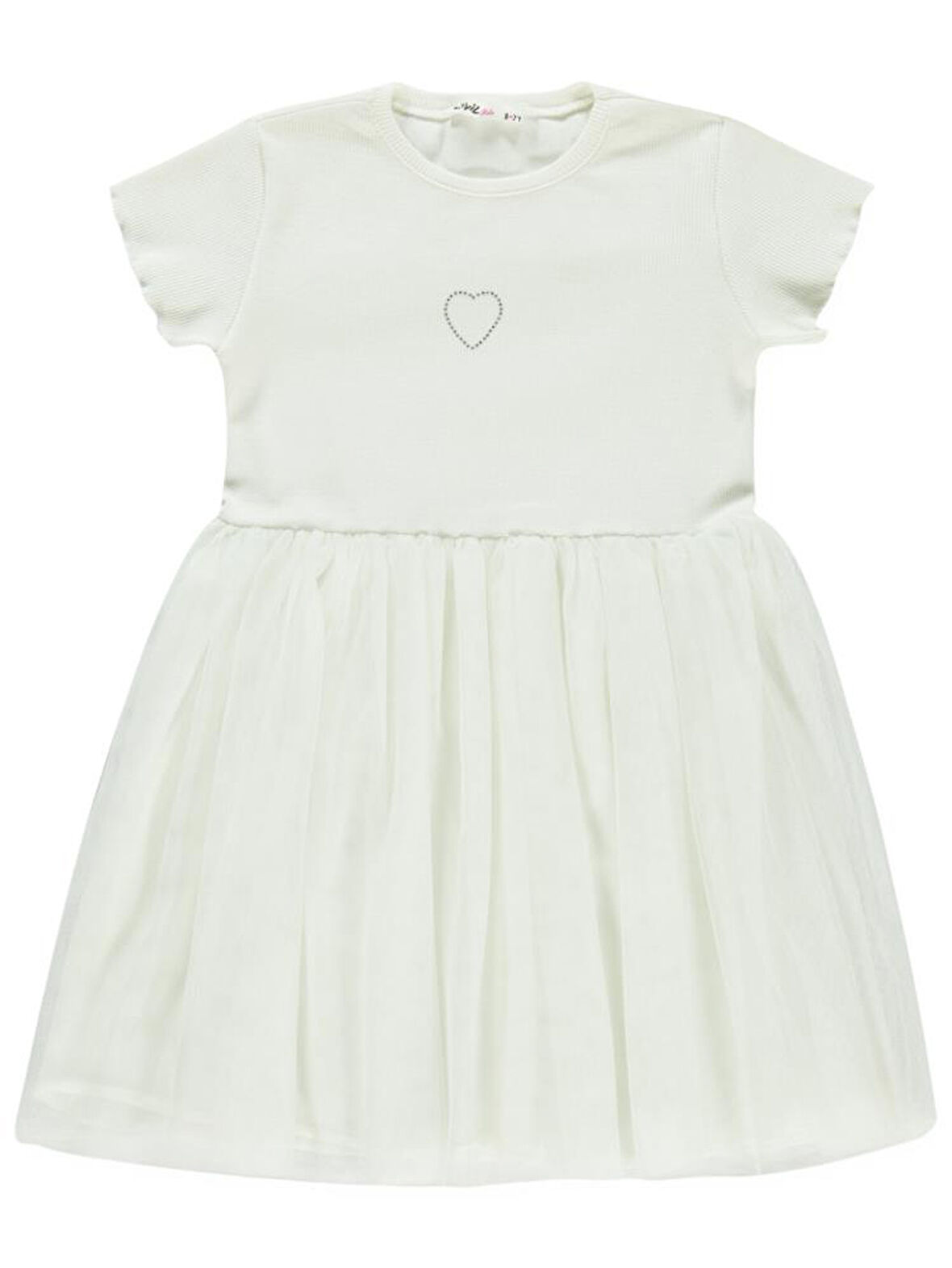 Civil Girls Kalp Baskılı Tüllü 6-9 Yaş Elbise - Ekru 8-9 Yaş
